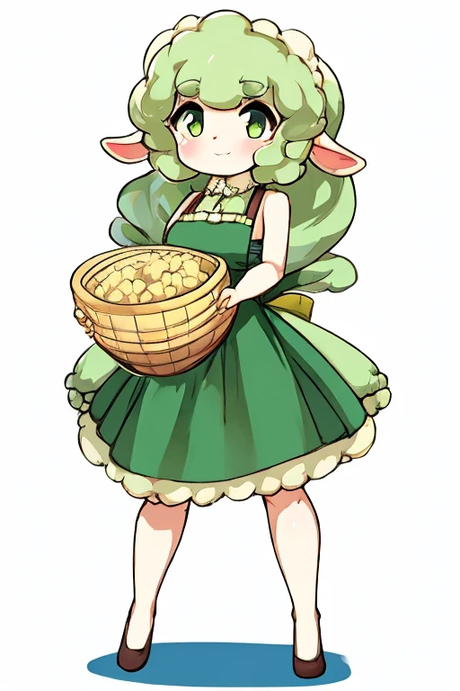 female sheep, long green dress, Yellow Apron, artist 