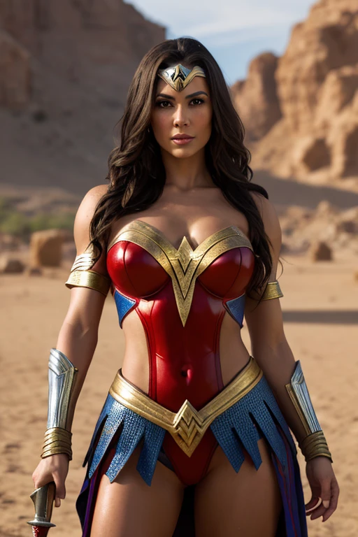 a close-up of a woman in costume holding a sword and shield, beautiful warrior, mujer warrior, una hermosa mujer warrior, warrior, princesa warrior, portrait of Wonder Woman, chica warrior, greek warrior amazona, muscular warrior women, warrior amazona, reina warrior, north adult warrior, barbarian mujer warrior, art germ ; motor irreal 3d, Wonder Woman