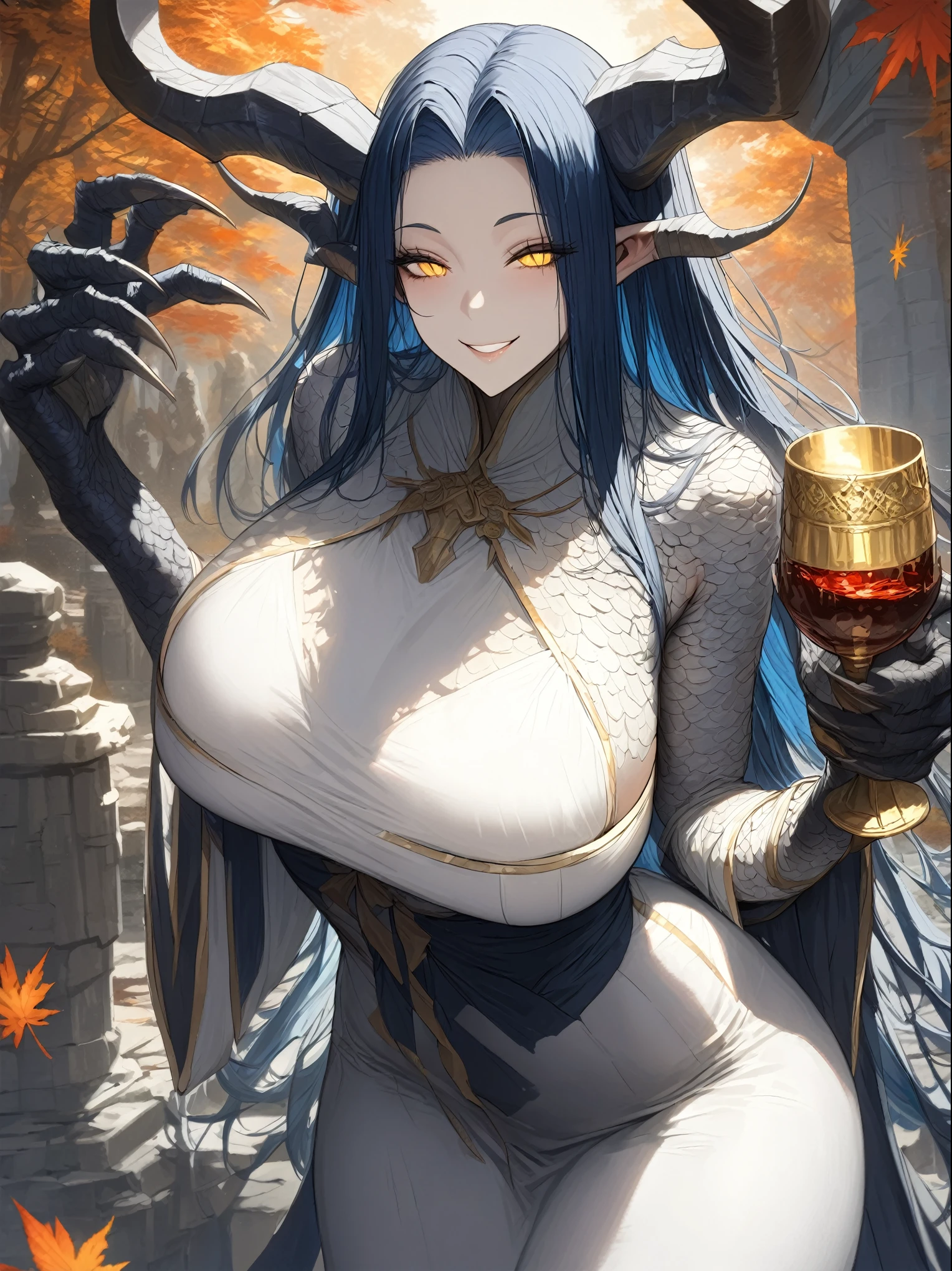 A masterpiece, Very detailed, ultra detailed, Alone:1.6, female, long dark blue hair, straight hair, golden eyes with slanted pupils, scales on arms, big breasts, high, ELEGANT DRESS, priestess, gentle smile, outdoor stone temple, big hands with claws, cola, draconic horns, autumn forest, close up, broad smile, Chapped lips, long and thick eyelashes, squinted eyes, Santa, white scales, chalice with alcohol