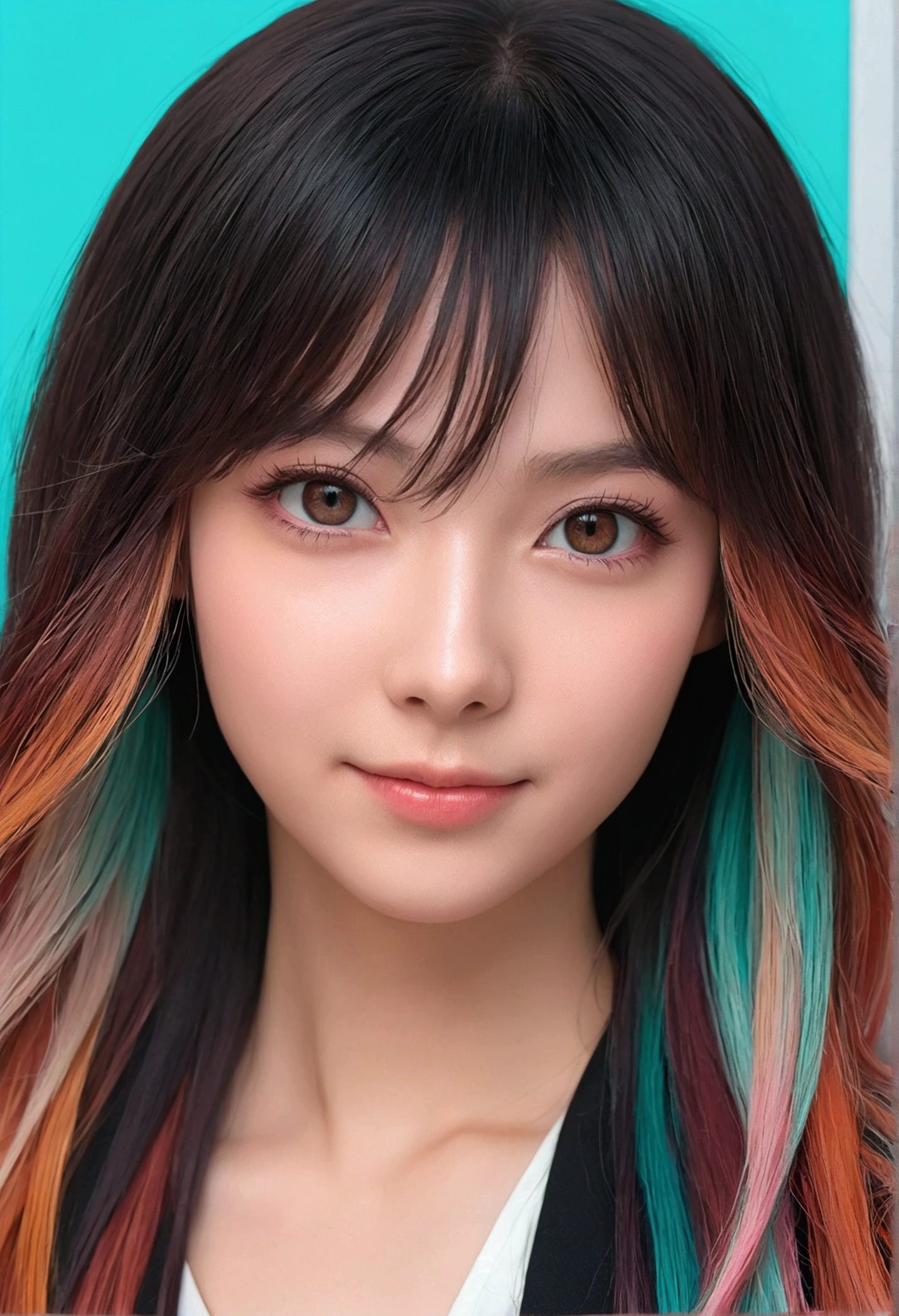 black har, long cils, slight smile, Defense, streaked hair, multicolorusset hair, colored inner hair, russet hair, hairclip, grain de beauté sous les yeux, incompatible students, regard vide, regard vide, dilated pupils, heart-shaped pupils, souriant, shade, anaglyph, depth of field, flou de mouvement, brightness, Color Field Painting, Anime style, 8k, Great detail, best quality, uhd, 8k