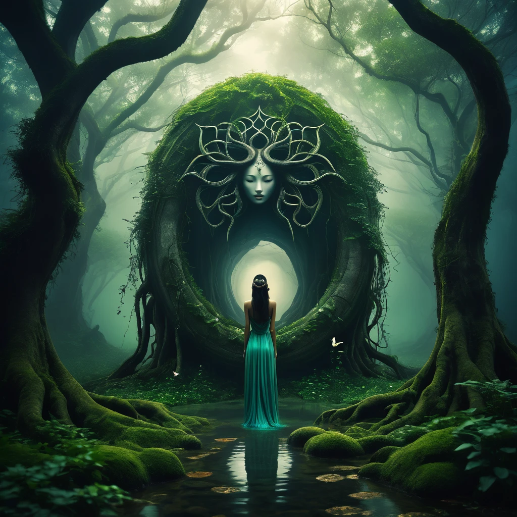 (;no humans) Make a dreamy mysterious horror style image symbolizing nature, embrace ancient living, embrace life, symbols