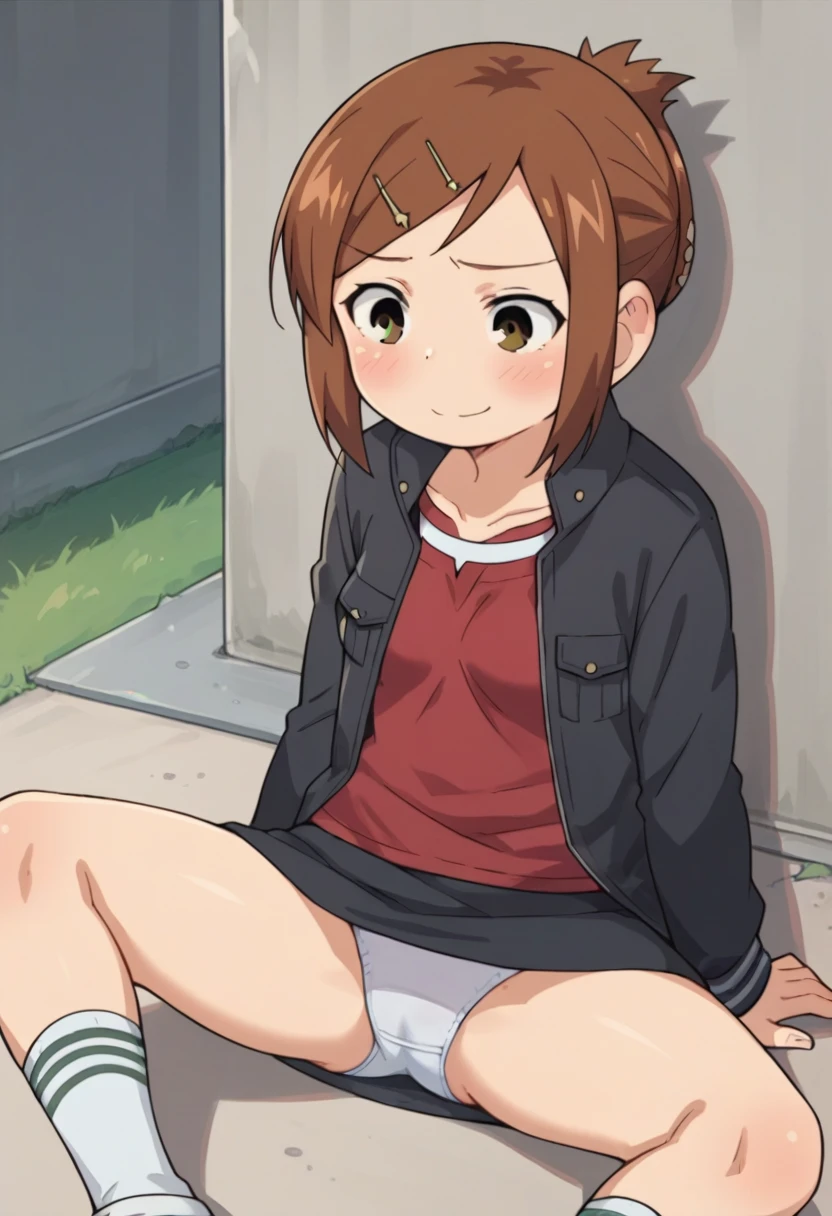 score_9, score_8_up, score_8, source_anime, 1girl, solo, brown eyes, brown hair, hair ornament, hairclip, short hair, black jacket, red shirt, black skirt, embarrassed, smile, sitting on ground
outdoor,miniskirt,socks,open legs,spread legs,panties