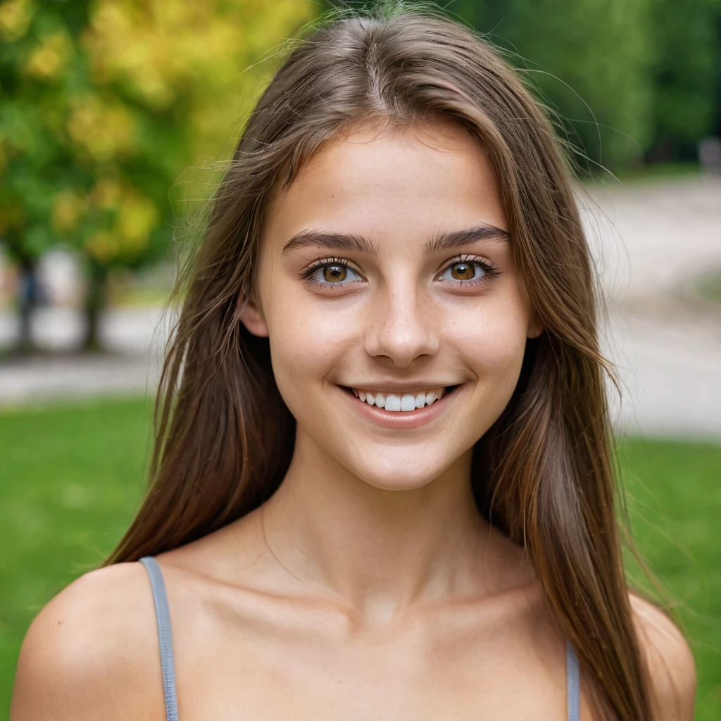 Extreme Beautiful woman from austria, realistic eyes, hyperrealistic face, slim face, small nose, long brown hair, 16 years old, model posing, special camera angle, nude, smiling, medium breasts, outside