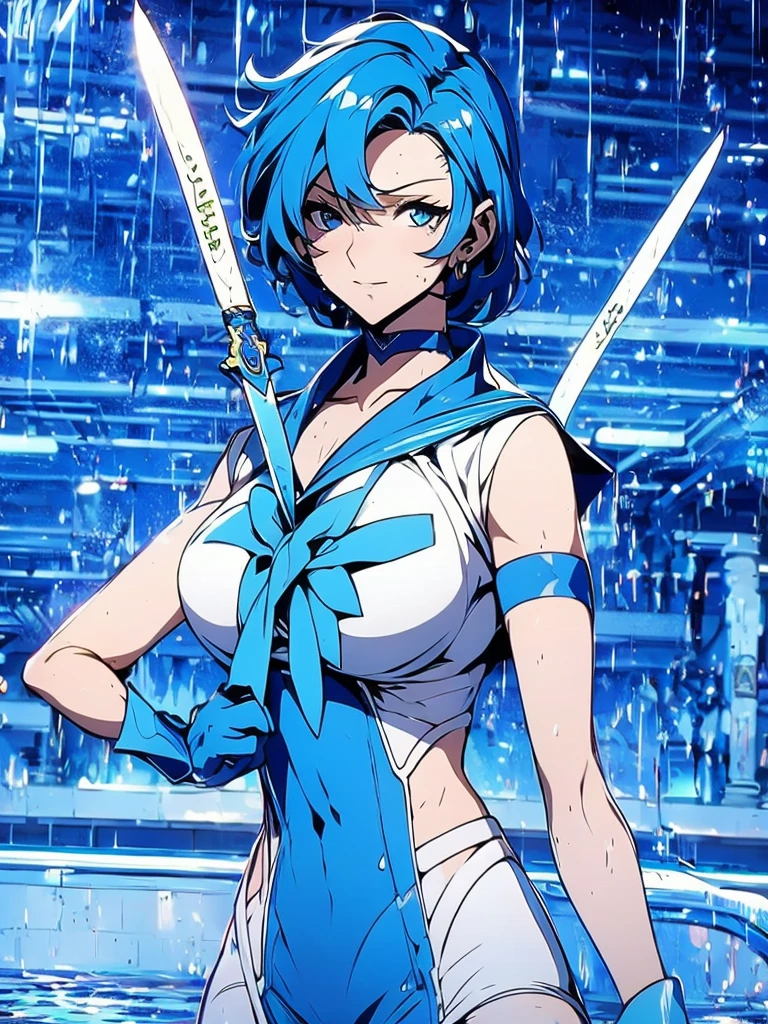 Sailor mercury in full police suit,long blue hair,Blue Power Ranger, hurricane ,Sexy goth woman big breast, character sheet,inside a pool,High Resolution, Large breasts, cyber samurai,ice swords
