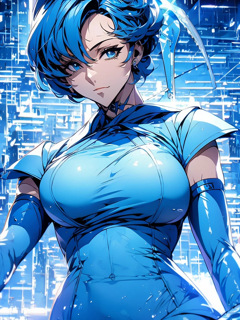 Sailor mercury in full police  suit,long blue hair,Blue Power Ranger, hurricane ,Sexy goth woman big breast, character sheet,inside a pool,High Resolution, Large breasts, cyber samurai,ice swords
￼