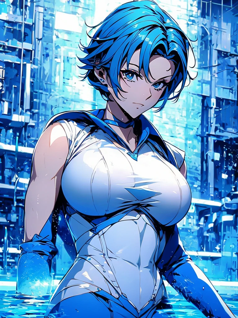 Sailor mercury in full police suit,long blue hair,Blue Power Ranger, hurricane ,Sexy goth woman big breast, character sheet,inside a pool,High Resolution, Large breasts, cyber samurai,ice swords
