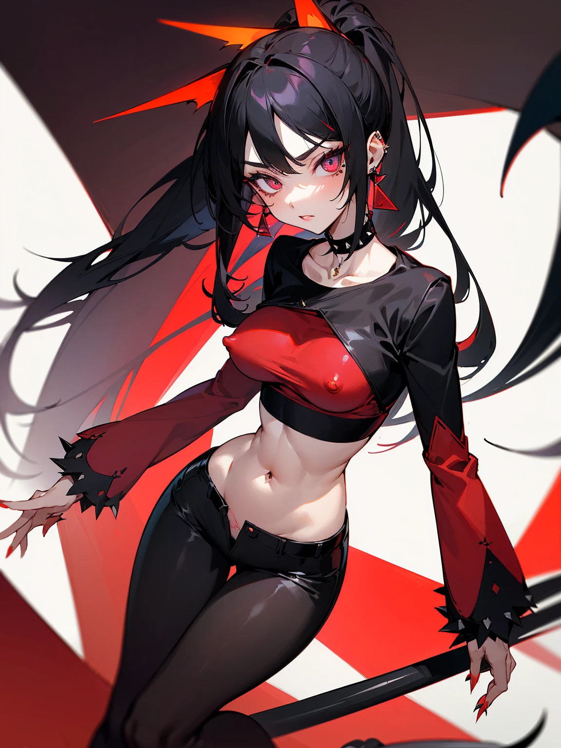 ((Long Straight Black hair)), Perfect face, Choker, Punk earrings, ((Tall)), ((High Quality)), Necklace, ((Mature)), Pretty Eyes, Sharp Nails, Bangs, ((1 Girl)), ((Multiple Earrings)), 1 girl, Spiky Earrings, Adult, Spiked Collar, Thin Eyelashes, Black Background, Red Colors in Background, Vampire Girl, Long Tail, Large Tail, Shark Tail, ((Hot Pants)), ((Long Sleeve Crop Top)), Close Up, Tall, Long Legs, Dynamic Pose, Black Tail, 2 moles under left eye, Pantyhose, Vibrant Colors, Close Up, Sexy, Suggestive, Sexually Suggestive, Thick, Thick Body, Skinny, Black Thigh Highs, Teasing, Ponytail, Slender Body, Stylish, NSFW, Naked, Nipples, Vagina,