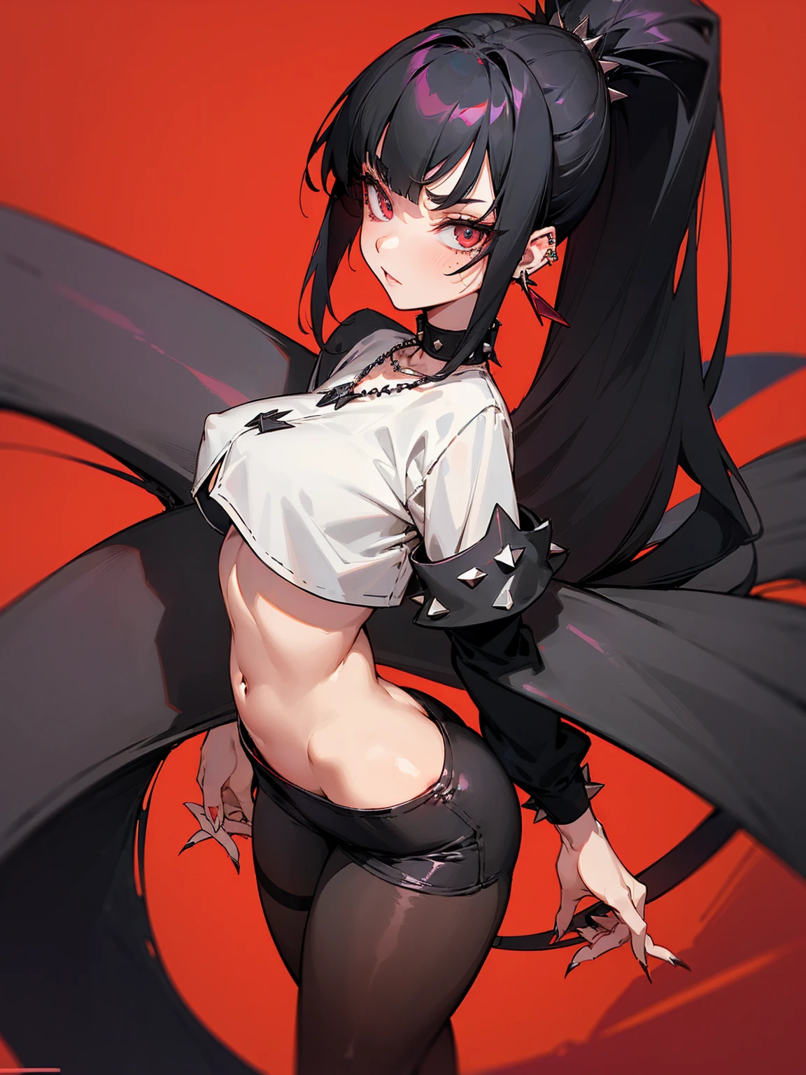 ((Long Straight Black hair)), Perfect face, Choker, Punk earrings, ((Tall)), ((High Quality)), Necklace, ((Mature)), Pretty Eyes, Sharp Nails, Bangs, ((1 Girl)), ((Multiple Earrings)), 1 girl, Spiky Earrings, Adult, Spiked Collar, Thin Eyelashes, Black Background, Red Colors in Background, Vampire Girl, Long Tail, Large Tail, Shark Tail, ((Hot Pants)), ((Long Sleeve Crop Top)), Close Up, Tall, Long Legs, Dynamic Pose, Black Tail, 2 moles under left eye, Pantyhose, Vibrant Colors, Close Up, Sexy, Suggestive, Sexually Suggestive, Thick, Thick Body, Skinny, Black Thigh Highs, Teasing, Ponytail, Slender Body, Stylish, NSFW, Naked, Nipples, Vagina,