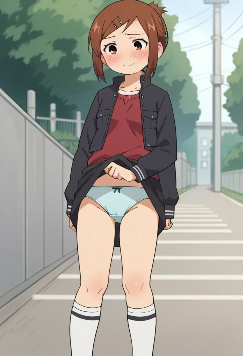 score_9, score_8_up, score_8, source_anime, 1girl, solo, brown eyes, brown hair, hair ornament, hairclip, short hair, black jacket, red shirt, black skirt, embarrassed, smile, from front, ,
outdoor,miniskirt,socks,(((lift skirt,panties))),blush