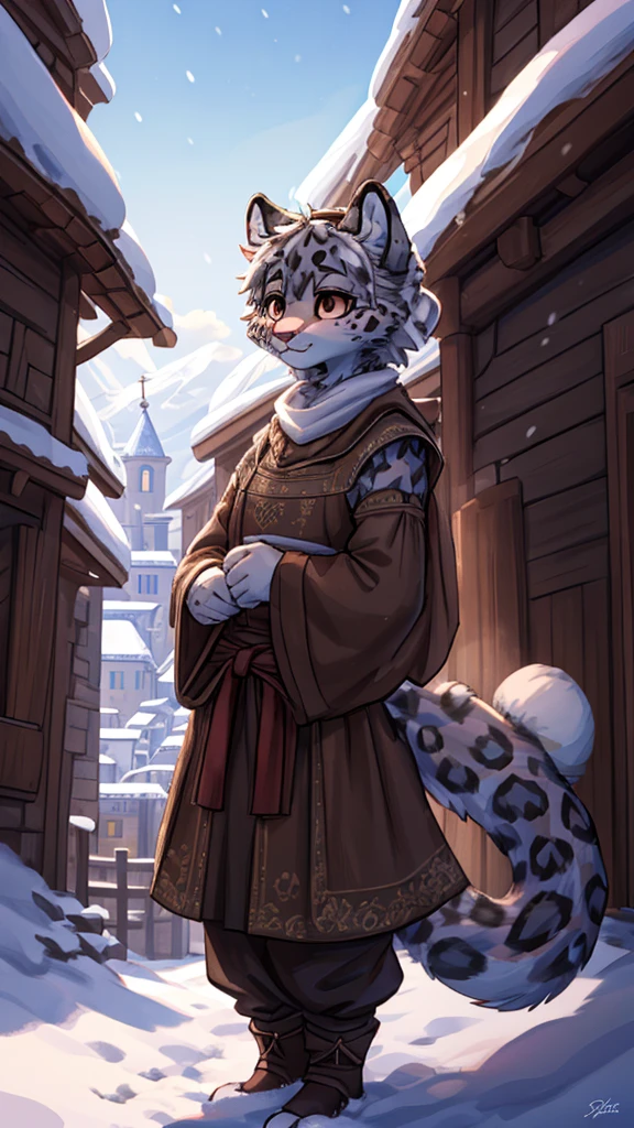 (very detailed illustration: 1.2), best quality, masterpiece, solo, natural lighting, An young anthro female snow leopard with brown eyes, she has snow leopard fur un all her body, she is dressed in peasant clothes, she is in a medieval city.