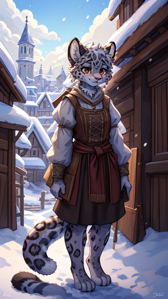 (very detailed illustration: 1.2), best quality, masterpiece, solo, natural lighting, An young anthro female snow leopard with brown eyes, she has snow leopard fur un all her body, she is dressed in peasant clothes, she is in a medieval city.