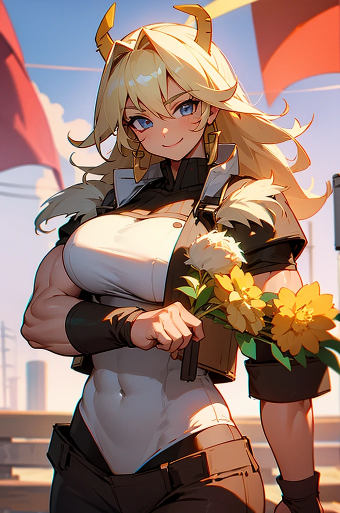 Buff farmer girl, busty and muscular and flexing with a smile