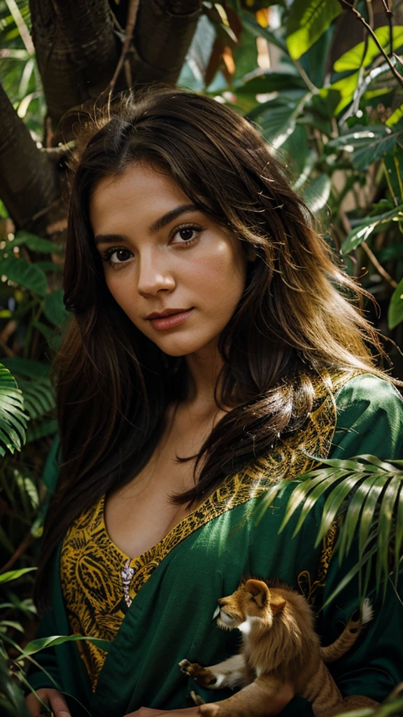 A girl with a lion living in the bright jungle with a love