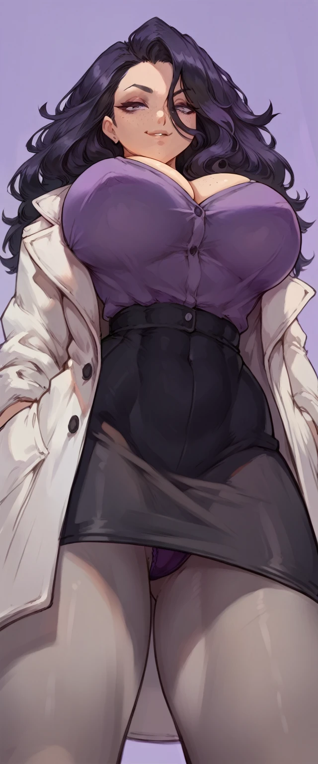 (solo) female , black long fluffy hair, woman (big breasts:1.9), attractive, goth, purple shirt, tight black skirt, lab coat, grey pantyhose, fit body, thicc, freckles, freckles on face, smug eyes, (happy expression), she is standing look to the viewer , violet background, simple background, thick thighs (front view) (((low angle view))) (purple panties)
