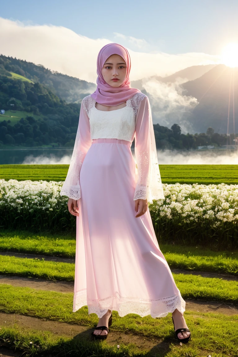 (portrait of a malaysian girl, smirk:1.4), ((masterpiece, best quality, mystical)), beautiful 15-year-old woman, (slender slim body, , small breasts, puffy nipplies:1.3), (extremely detailed glossy skin:1.3), legs, (wearing a hijab, pink see through flare sleeve oversize lace baju kurung:1.4), (wearing tight satin skirt:1.3), (sexy, seductive pose:1.3), (see through:1.5), (epic, mist, farm, lake, lush spring swiss hillside background:1.3), (UHD, 8K wallpaper, High resolution), Cinematic lighting, physically-based rendering, award-winning, extremely detailed skin, Carl Zeiss 85 mm F/1.4, by Ellen von Unwerth,Dasha,masterpiece,best quality