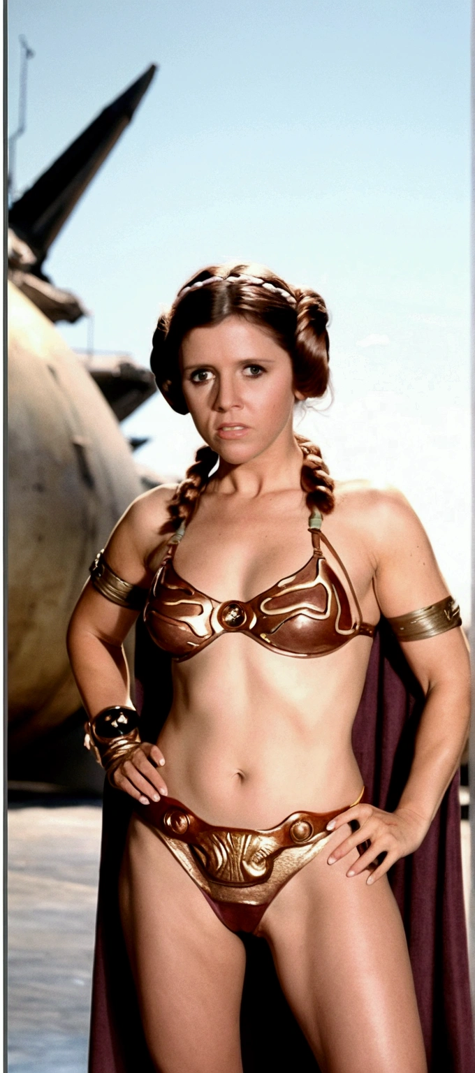 PRINCESS LEIA SLAVE. stars wars. micro tanga. full body closeup, full length cinematic shot. sensual. sexy, xxx, IN THE BACKGROUND OF AIRCRAFT CARRIERS. hyper realism. 8k. Photography, hyper realism. k. Photography (masterpiece, Super detail, High detail, Best Quality, 8k, Star Wars movie lighting