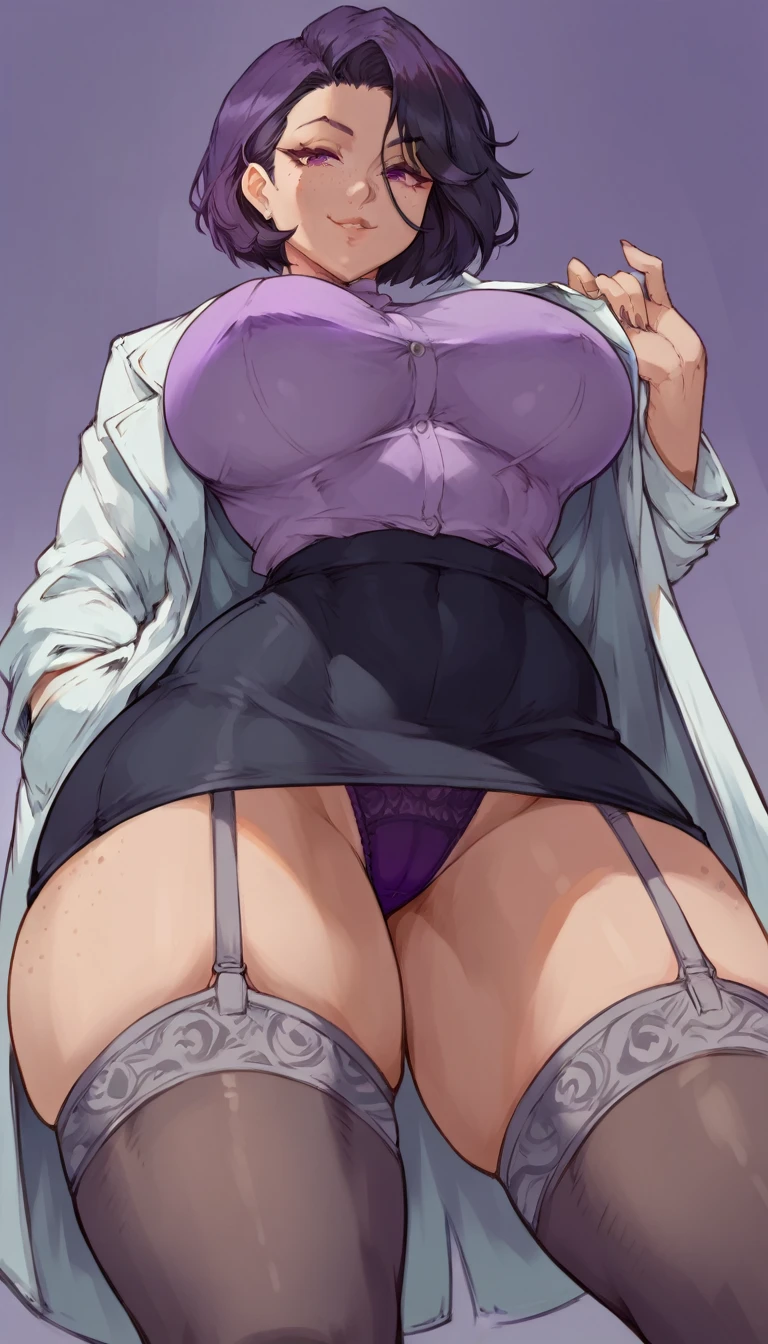 (solo) female , black short hair, woman (big breasts:1.9), attractive, purple shirt, tight black skirt, lab coat,grey garter belt tights ,fit body, thicc, freckles, freckles on face, smug eyes, (happy expression), she is sitting at the table look to the viewer , violet background, simple background, thick thighs (front view) (purple panties) (low angle view)