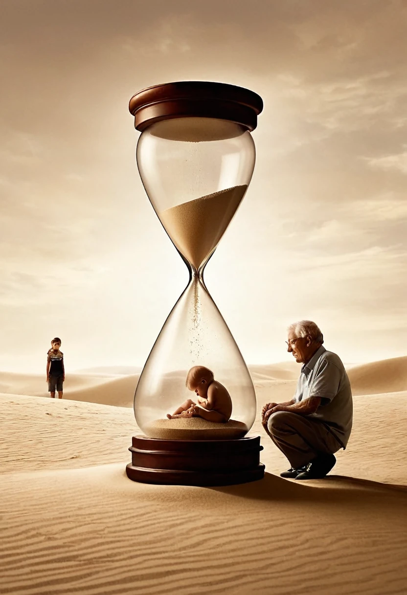 "Ultra-realistic image of a large hourglass with a sitting in the top half and an elderly man sitting in the bottom half, surrounded by sand. The scene is set in a warm, sepia-toned environment with soft, diffused lighting, giving a sense of timelessness and contrast between youth and old age."