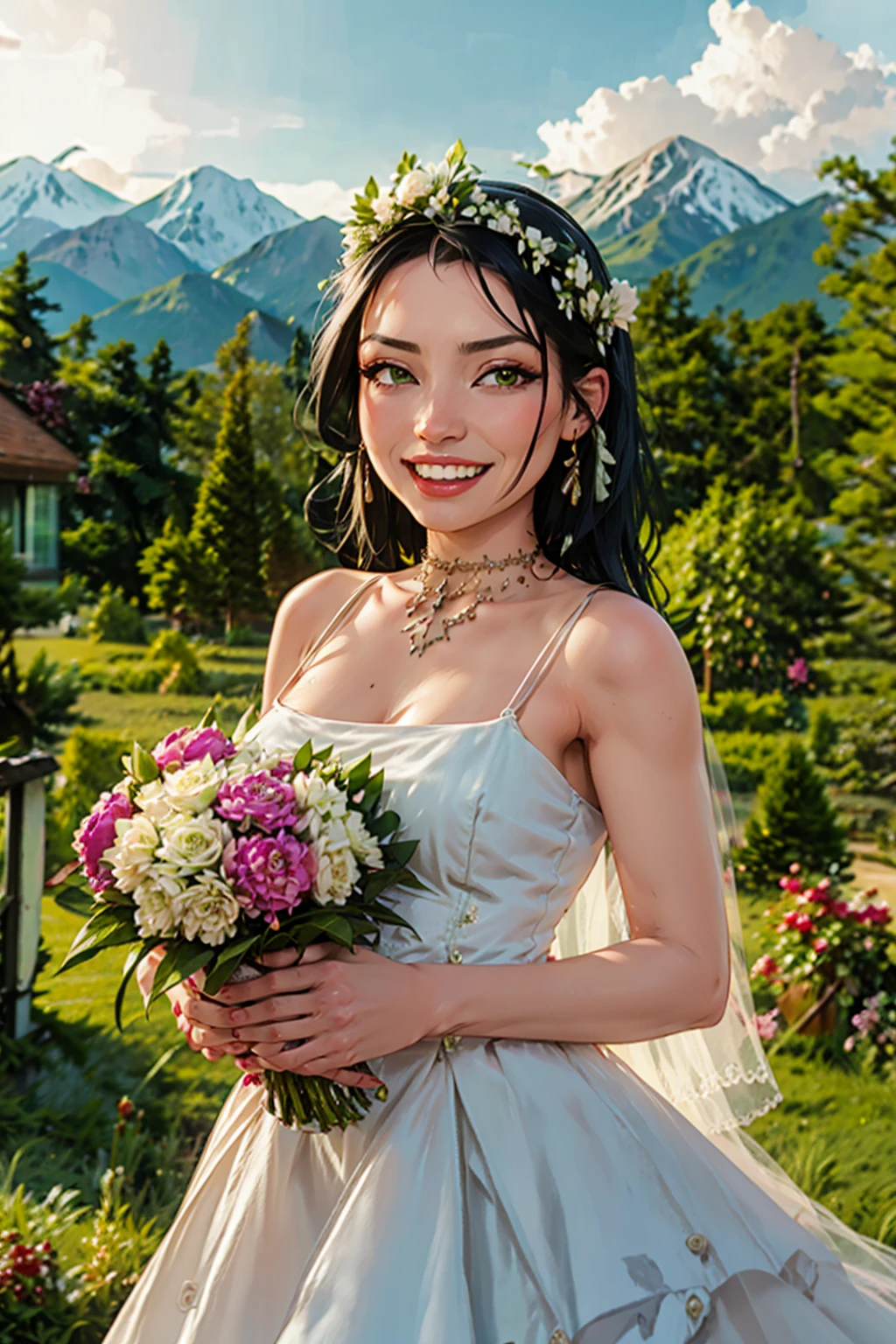 a beautiful woman with long black hair, green eyes, smiling, a portrait of happiness, woman wearing a wedding dress, garden wedding background, mountains in the distance, sexy, escote, vista de cuerpo entero, mujer casandose, ambiente luminoso, de jubilo, alegria