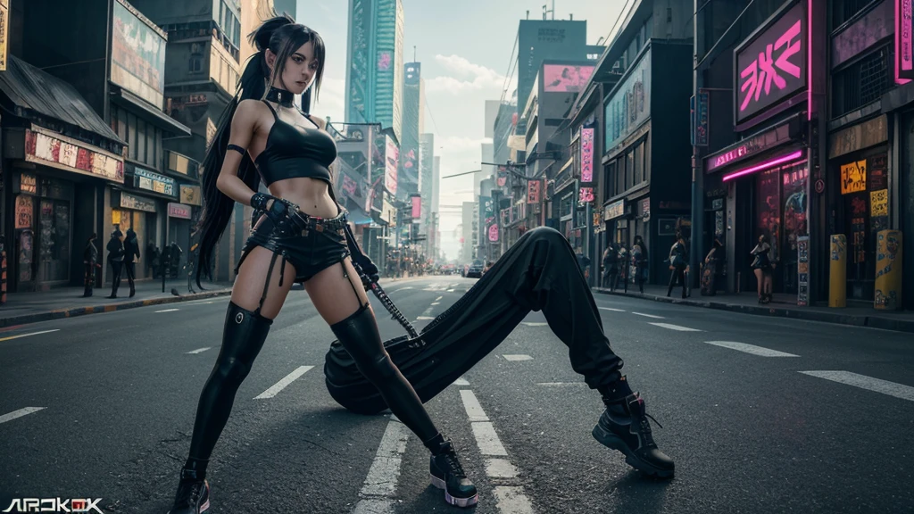 anime girl in black outfit posing on street corner with pole, cyberpunk art by Jason Chan, trending on Artstation, fantastic realism, cyberpunk 2 0 y. o model girl, photorealistic perfect body, in cyberpunk city, trending on cgstation, cyberpunk girl, photorealistic anime girl render, tifa lockhart, in the city, at a city street, tifa