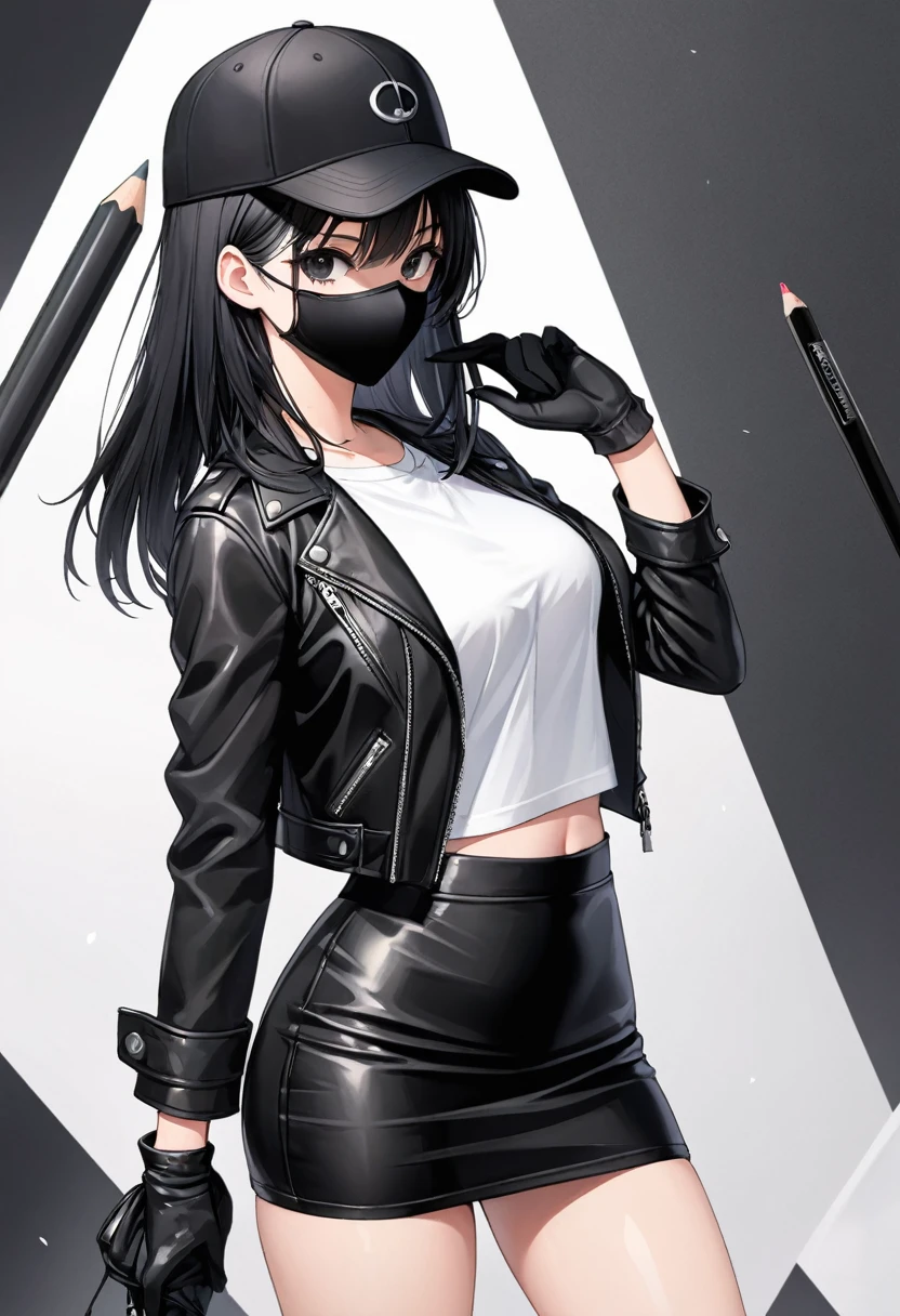 Black miniskirt , Black sneakers , white t-shirt , Black leather jacket , pencil skirt , Leather skirt , whole body , thighs , black hair , black eyes , straight hair , black ball cap , long sleeves , bare legs , face , Black gloves , standing posture , close up , black mask