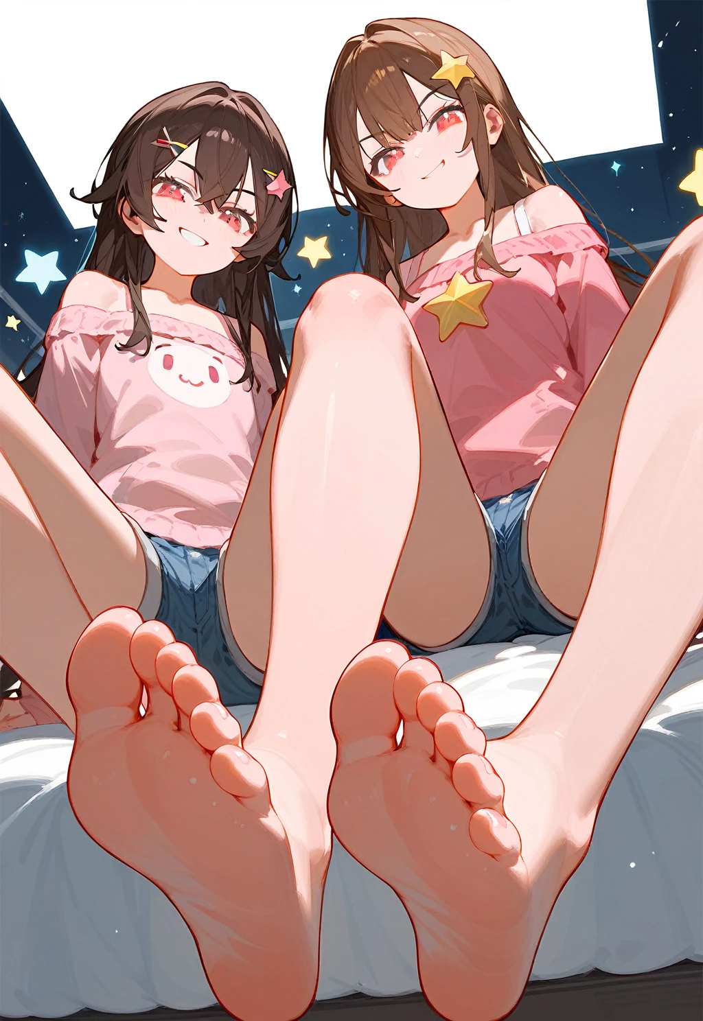 一个女人Sitting on the bed露出她臭脚的Low Angle，Sitting on the bed，Low Angle，front，barefoot，Foot Focus，Pink Off Shoulder Tee，There are bangs between the eyes，Long hair，Brown hair，Denim shorts，Anatomically correct, There is a huge yellow five-pointed star hairpin in the hair，Pink Eyes，Eyes for detail，Smirk，Look at the audience， Two feet，bilateral symmetry