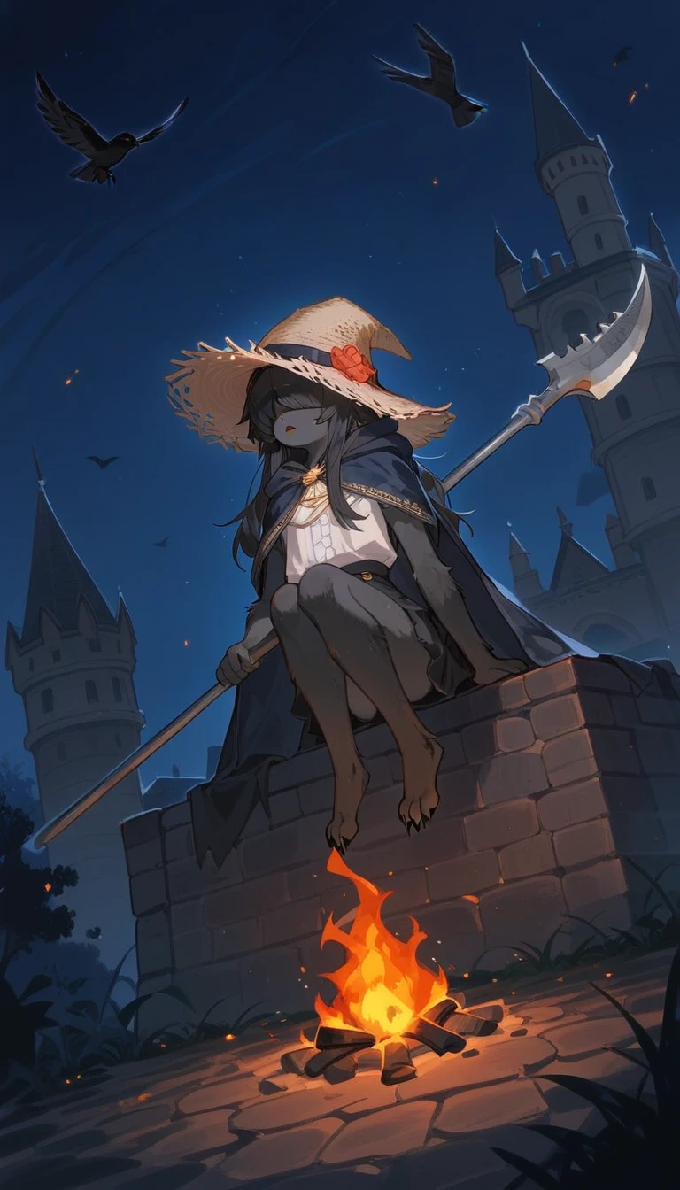 nsfw, femboy, crow, pitch black fur, big fluffy long hair, anthropomorphic crow, girly try body, furry bird legs, big black wizard-type straw hat, eyes covered, holding a scythe, (fantasy cloak straw outfit), black short skirt, windy weather, navy cloak, nighttime, night, a broken castle in the background, Solo:1.5, solo focus, full body, sitting by campfire, dynamic angle, dynamic pose, w3ers, 