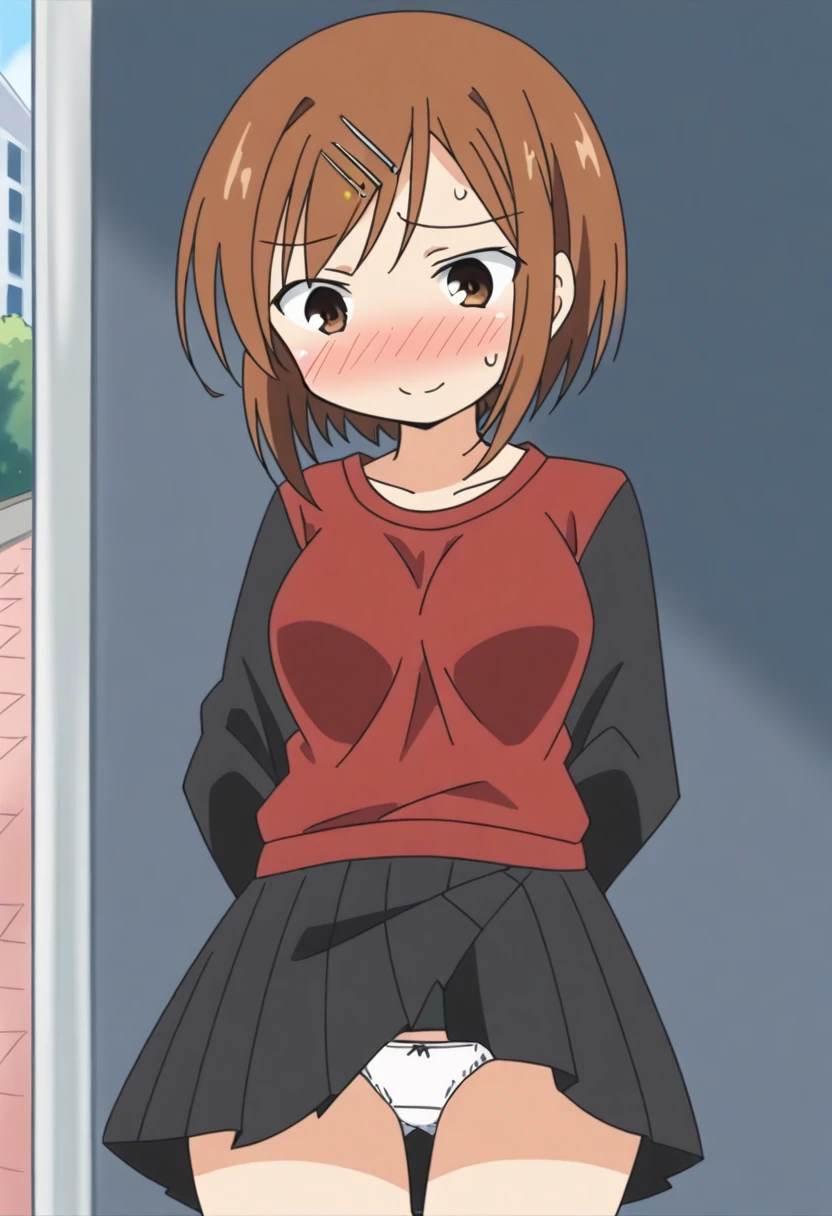 score_9, score_8_up, score_8, source_anime, 1girl, solo, brown eyes, brown hair, hair ornament, hairclip, short hair, black jacket, red shirt, black skirt, embarrassed, smile, from front, ,
outdoor,miniskirt,socks,(((lift skirt,panties))),blush