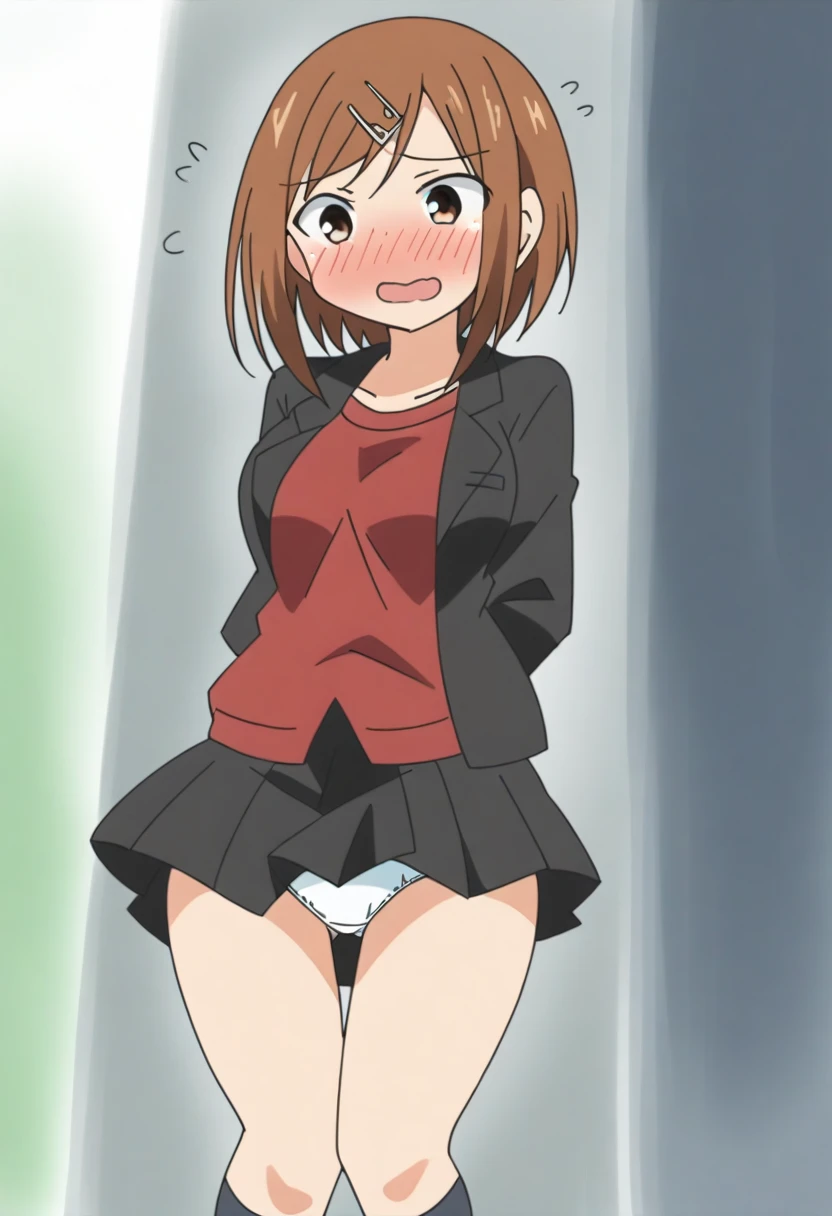 score_9, score_8_up, score_8, source_anime, 1girl, solo, brown eyes, brown hair, hair ornament, hairclip, short hair, black jacket, red shirt, black skirt, embarrassed, smile, from front, ,
outdoor,miniskirt,socks,(((lift skirt,panties))),blush