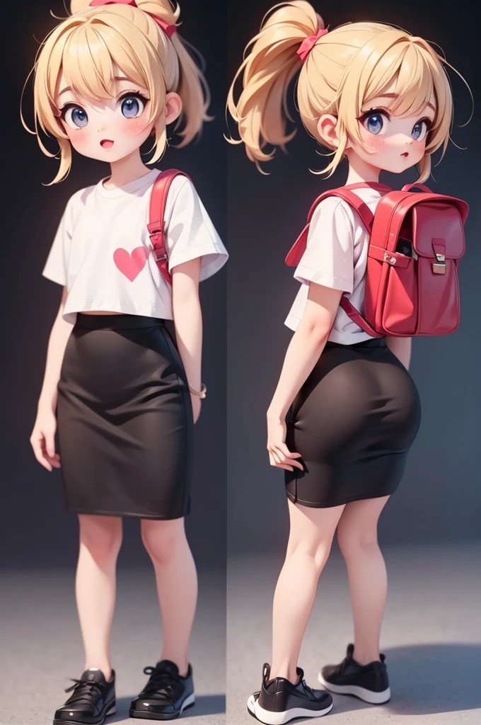 masterpiece, highest quality, Official Art, 8k wallpaper, Very detailed, figure, Small 1 person girl cute, with cute makeup, blonde ponytail hair , Wide Hips, Big Ass, Round ass, WEAR COOL SHOES, wear Tight pencil skirt, WEAR SHORT WHITE T-SHIRT, Backpack, HER HANDS ON HER HIPS, FOCUS BACK VIEW, SHE IS LOOKING TO THE VIEWER., CUTE FACE. FOCUS ALL BODY VIEW.