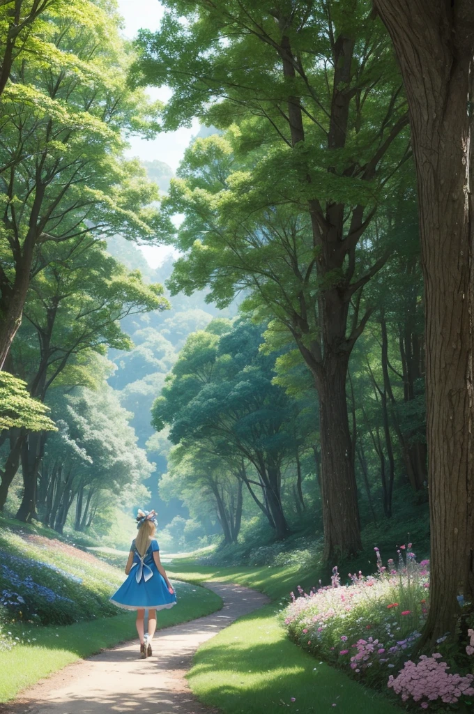 A Beautiful Place anime version, where it shows a path between the trees, with some mushrooms around, and flowers, on this path a blonde with a bow on her head and wearing a blue dress, strolling