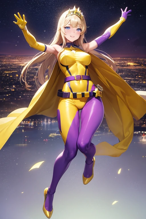 ((best quality)), ((masterpiece)), (detailed), 1 girl, Full body, 19 years old, Smiling face, Blue eyes, Star-shaped tiara, Arms outstretched, Arms behind waist, Eye mask, Blue superhero mask, Blushing, Blonde hair, Straight hair, Long hair, Bangs, 2 star clips in hair, Full body, Medium breasts, Slim body, Hands with yellow stars, Yellow wristbands, Long yellow gloves, Purple gloves, Purple gloves, Superhero costume, Superheroes, Yellow leotard suit, With a big yellow star in the center, Star emblem, Somewhat tight, Long yellow cape on waist, Red belt, Purple legs, Purple pantyhose, Purple shoes, Flying, City background, Anime