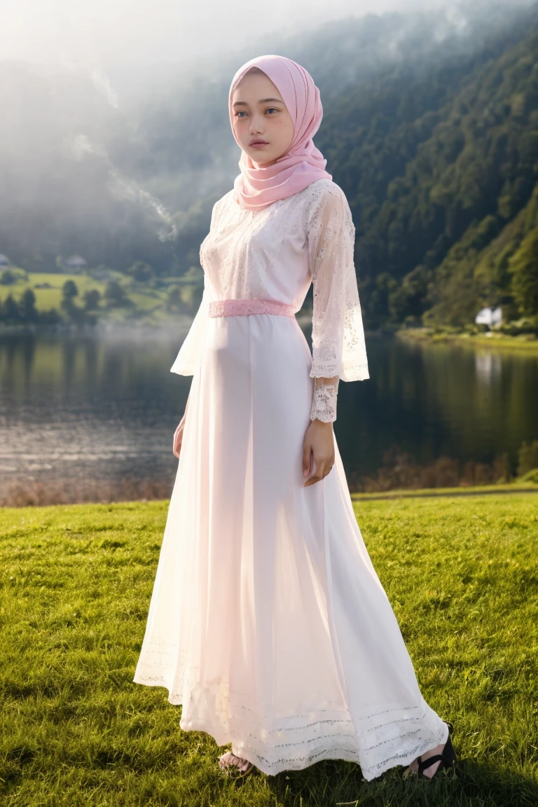 (portrait of a malaysian girl, smirk:1.4), ((masterpiece, best quality, mystical)), beautiful 15-year-old woman, (slender slim body, , small breasts, puffy nipplies:1.3), (extremely detailed glossy skin:1.3), legs, (wearing a hijab, pink see through flare sleeve oversize lace baju kurung:1.4), (wearing tight satin skirt:1.3), (sexy, seductive pose:1.3), (see through:1.5), (epic, mist, farm, lake, lush spring swiss hillside background:1.3), (UHD, 8K wallpaper, High resolution), Cinematic lighting, physically-based rendering, award-winning, extremely detailed skin, Carl Zeiss 85 mm F/1.4, by Ellen von Unwerth,Dasha,masterpiece,best quality