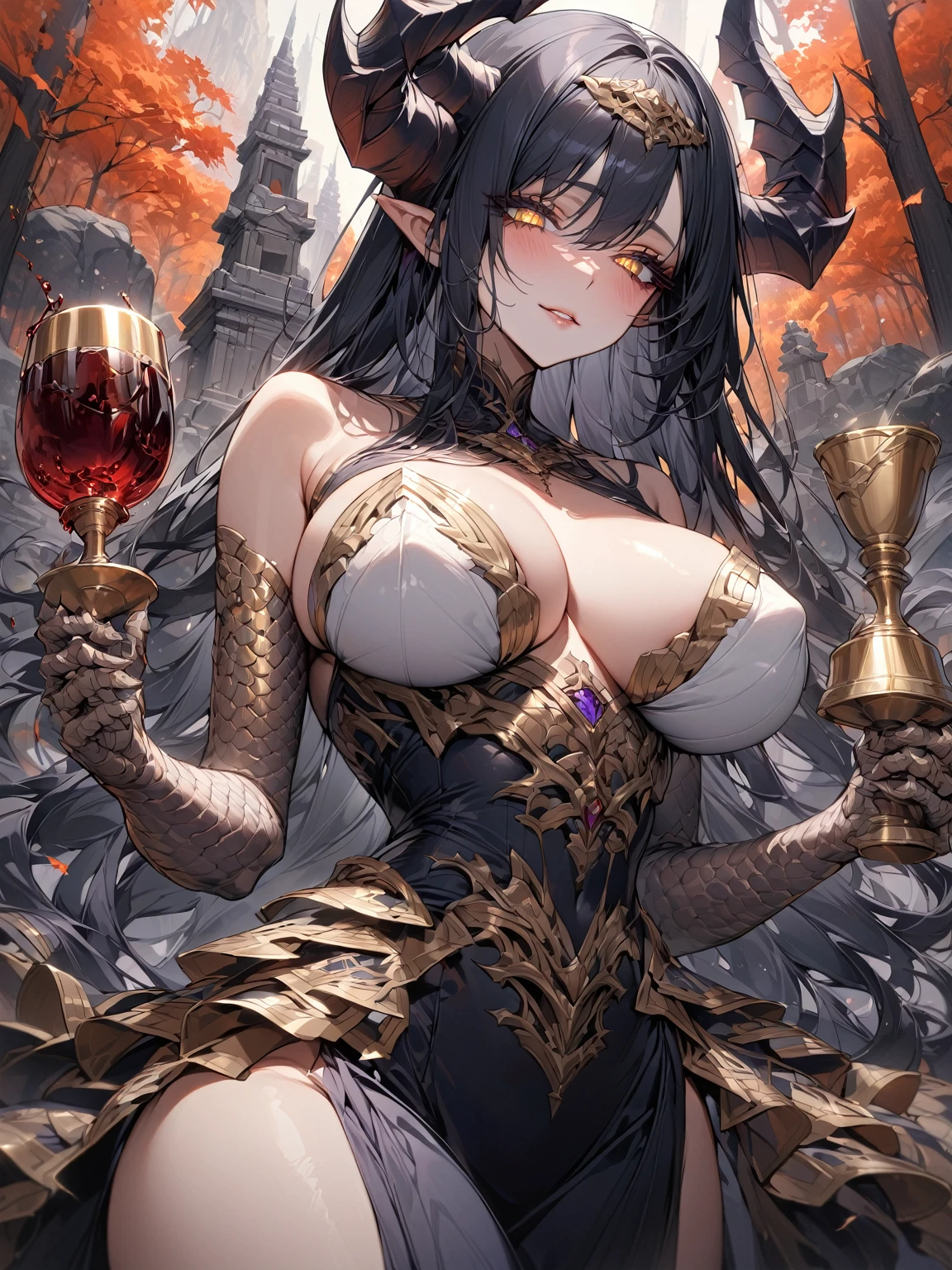 A masterpiece, Very detailed, ultra detailed, Alone, female, long dark blue hair, straight hair, golden eyes with slanted pupils, scales on arms, big breasts, high, ELEGANT DRESS, priestess, gentle smile, outdoor stone temple, draconic hands, cola, draconic horns, autumn forest, close up, broad smile, Chapped lips, long and thick eyelashes, squinted eyes, Santa, white scales, chalice with wine, bare shoulders