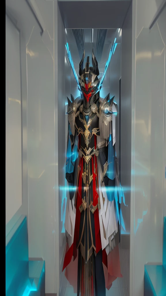 there is a man in a suit standing in a hallway, black fire color reflected armor, the shaman of the subway, black and red reflected armor, mystical anubis valkyrie, lord of cinder, draconic looking armor, an epic majestical degen trader, t-pose of male magic wizard, clothed in ethereal battle armor, photo of ghost of anubis