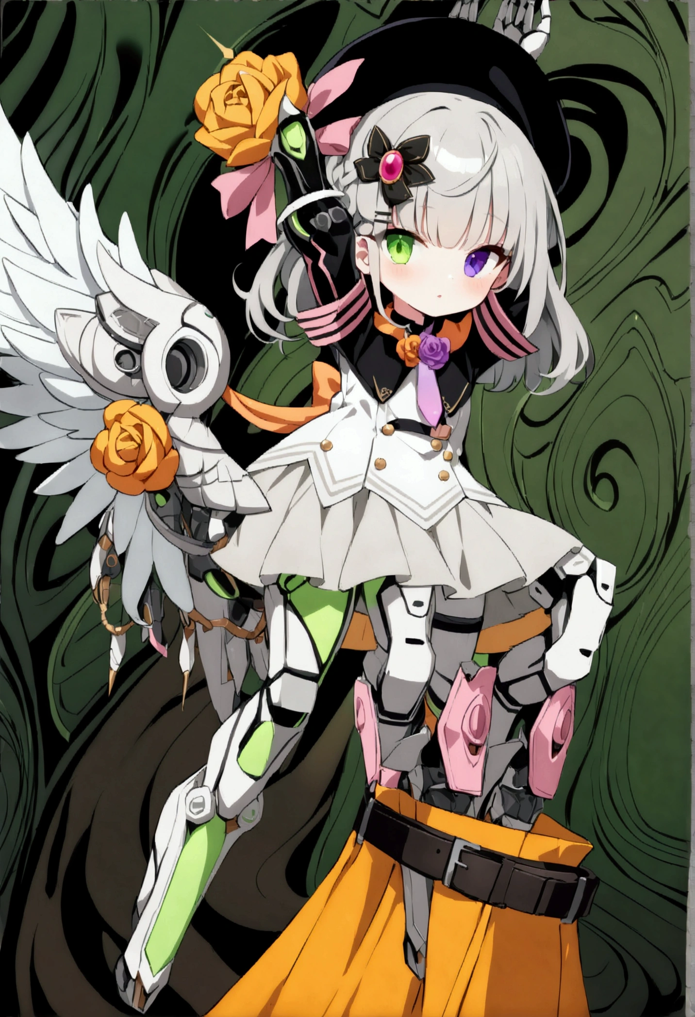 woman 165cm tall, (whole body: 1.5), slim build, , charming look, ((heterocromia: ojo right naranja y ojo izquierdo violeta)), (Shoulder Length Wavy Gray Hair, short braid on the left side of the hair: 1.2, big open bangs, largo flequillo en el lado izquierdo y right del cabello sobre las mejillas , golden gear hairpin on the left side of the hair), (((complex mechanical legs up to the hip, The legs are black with gray parts and small pink details))), (((complex mechanical arms up to the elbows, The arms are black with gray parts and small pink details))), ((complex white mechanical angel wings with pastel green parts)), (elegant black French beret, orange rose ribbon on the beret: 1.2), (stylish white short sleeve button down shirt, dark brown shorts with straps from the waist, elegant black belt, small rose brooch on shirt collar, beautiful mechanical stilettos), (((full body character design sheet: vista 3/4))), ((Pastel yellow background)), extremely detailed hair, beautiful detailed clothing, extremely detailed arms, extremely detailed face, (Extremely detailed hands), perfect hands, beautiful detailed eyes, beautiful detailed lips, adorable, extremely detailed legs, (Best Quality, 8k, ultra resolution), ultra detailed, Exquisite and epic character art, (Focus on symmetry), (extremely detailed wings), (body position: standing, right, symmetrical), looking at the viewer, small face.