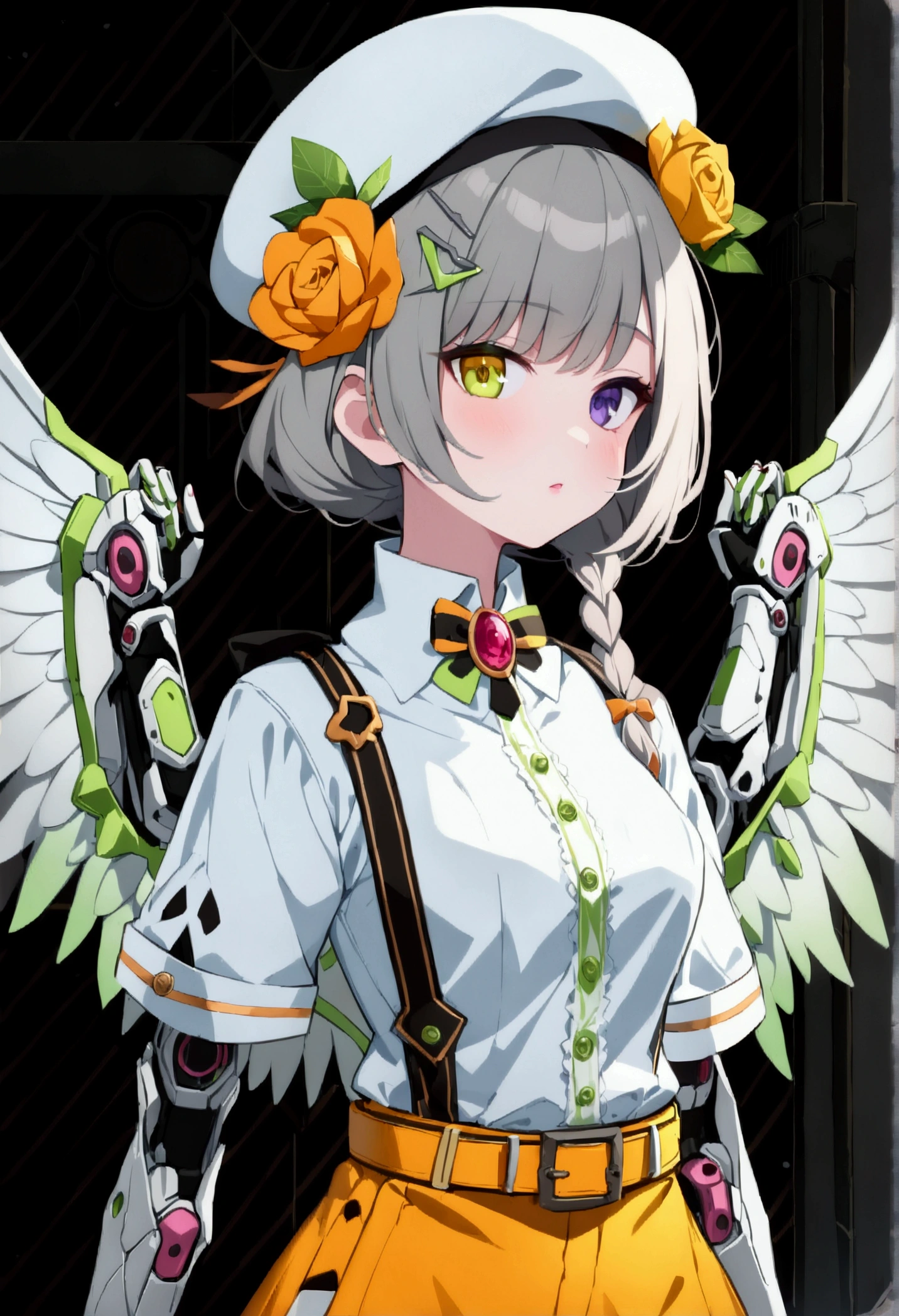 woman 165cm tall, (whole body: 1.5), slim build, , charming look, ((heterocromia: ojo right naranja y ojo izquierdo violeta)), (Shoulder Length Wavy Gray Hair, short braid on the left side of the hair: 1.2, big open bangs, largo flequillo en el lado izquierdo y right del cabello sobre las mejillas , golden gear hairpin on the left side of the hair), (((complex mechanical legs up to the hip, The legs are black with gray parts and small pink details))), (((complex mechanical arms up to the elbows, The arms are black with gray parts and small pink details))), ((complex white mechanical angel wings with pastel green parts)), (elegant black French beret, orange rose ribbon on the beret: 1.2), (stylish white short sleeve button down shirt, dark brown shorts with straps from the waist, elegant black belt, small rose brooch on shirt collar, beautiful mechanical stilettos), (((full body character design sheet: vista 3/4))), ((Pastel yellow background)), extremely detailed hair, beautiful detailed clothing, extremely detailed arms, extremely detailed face, (Extremely detailed hands), perfect hands, beautiful detailed eyes, beautiful detailed lips, adorable, extremely detailed legs, (Best Quality, 8k, ultra resolution), ultra detailed, Exquisite and epic character art, (Focus on symmetry), (extremely detailed wings), (body position: standing, right, symmetrical), looking at the viewer, small face.