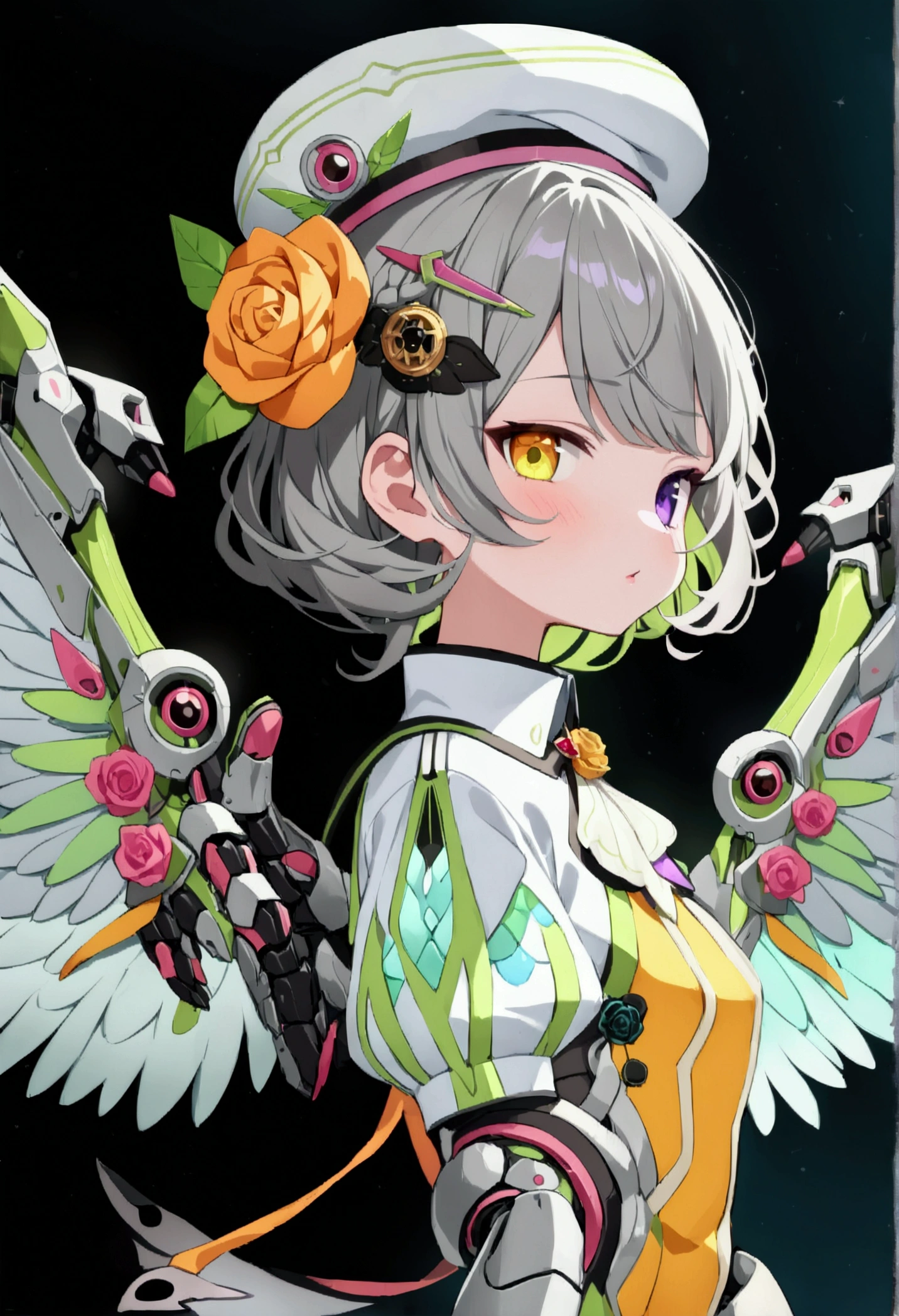 woman 165cm tall, (whole body: 1.5), slim build, , charming look, ((heterocromia: ojo right naranja y ojo izquierdo violeta)), (Shoulder Length Wavy Gray Hair, short braid on the left side of the hair: 1.2, big open bangs, largo flequillo  en el lado izquierdo y right del cabello sobre las mejillas , golden gear hairpin on the left side of the hair), (((complex mechanical legs up to the hip, The legs are black with gray parts and small pink details))), (((complex mechanical arms up to the elbows, The arms are black with gray parts and small pink details))), ((complex white mechanical angel wings with pastel green parts)), (elegant black French beret, orange rose ribbon on the beret: 1.2), (stylish white short sleeve button down shirt, dark brown shorts with straps from the waist, elegant black belt, small rose brooch on shirt collar, beautiful mechanical stilettos), (((full body character design sheet: vista 3/4))), ((Pastel yellow background)), extremely detailed hair, beautiful detailed clothing, extremely detailed arms, extremely detailed face, (Extremely detailed hands), perfect hands, beautiful detailed eyes, beautiful detailed lips, adorable, extremely detailed legs, (Best Quality, 8k, ultra resolution), ultra detailed, Exquisite and epic character art, (Focus on symmetry), (extremely detailed wings), (body position: standing, right, symmetrical), looking at the viewer, small face.