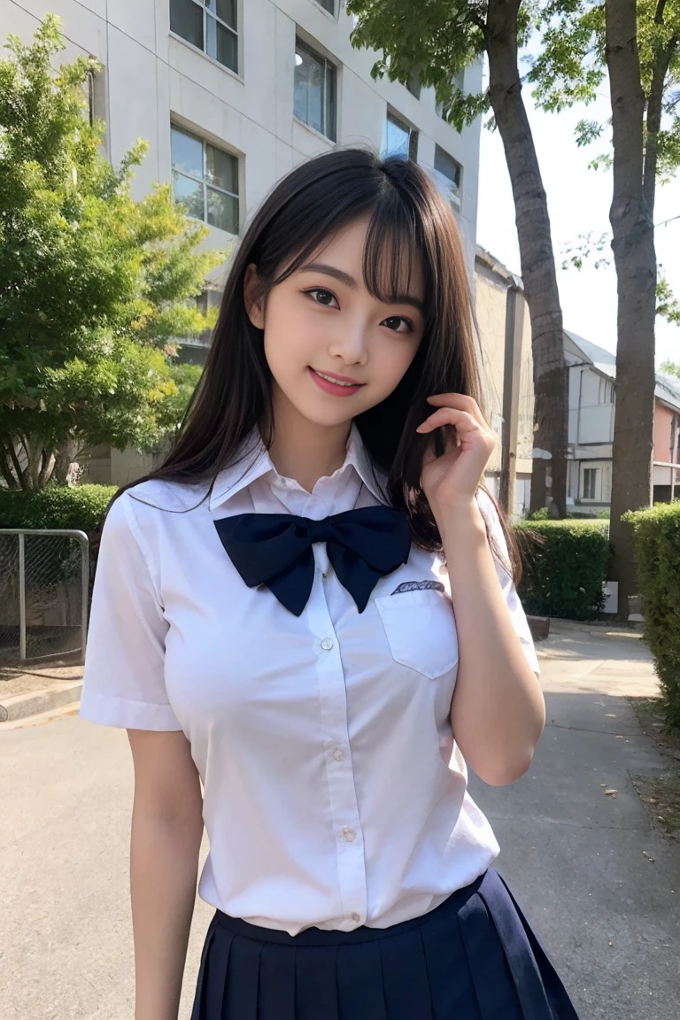 resolution, 1 girl, looking at the viewer,young beautiful japanese woman, super cute face, gorgeous appearance, big breasts,long bob hair,smile,(school uniform:1.3),beautiful eyes,(It&#39;s windy:1.3), Walking down a crowded street with a smile,glossy lips, double eyelids in both eyes, natural makeup, long eyelashes, Shiny and smooth light brown long bob hair, asymmetrical bangs, shiny skin, center image, High resolution, high detail, detailed hairstyle, detailed face, great movie lighting, octane rendering, lively, surreal, perfect limbs, perfect anatomy, Spreading hair、Slender beauty:1.4、((saggy breasts:1.4))、Breast exposed、Slim abs、Narrow waist、(smile:1.2) 、(pleated mini skirt、Lift up the hem of your skirt:1.2))、Slender and long beautiful legs、Open your feet wide、(Sheer black stockings:1.2)、(lace panties:1.2、Beautiful pussy exposed、take off、pussy creampie、pubic hair:1.1)、(from below:1.2)、Backlight、