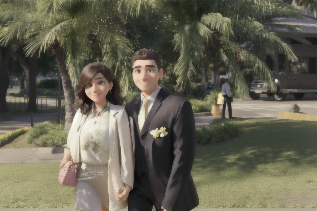 The photo was taken outdoors, probably in a garden or park, due to the presence of green grass and palm trees in the background. The couple is positioned in the center of the image. The woman on the left has dark, straight, shoulder-length hair. She is wearing large, dark sunglasses, a long-sleeved beige blouse with buttons down the front, and a green skirt that reaches below her knees. She holds a small brown bag in her right hand.
The man on the right is wearing a well-fitting black suit, with a white shirt and a light-colored tie. He has short, dark hair and is smiling. They both seem to be happy and well dressed for the occasion.
In the background, on the left, there are several people in formal attire, some talking to each other. A woman in a white coat and pink skirt is walking, and there is a man in a dark suit next to her. Further in the background, you can see a green fence and a paved area with yellow stripes on the ground, possibly indicating a sidewalk or path.
The environment is well lit, suggesting that the photo was taken during the day, with the sun shining. The palm trees and surrounding vegetation add a tropical touch to the setting.
