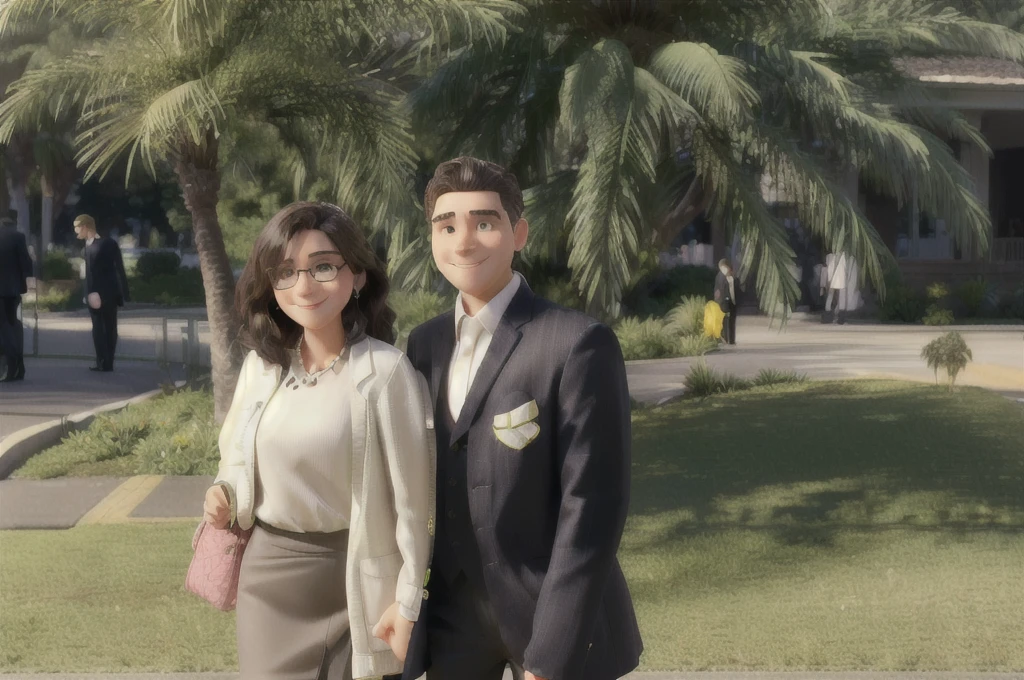 The photo was taken outdoors, probably in a garden or park, due to the presence of green grass and palm trees in the background. The couple is positioned in the center of the image. The woman on the left has dark, straight, shoulder-length hair. She is wearing large, dark sunglasses, a long-sleeved beige blouse with buttons down the front, and a green skirt that reaches below her knees. She holds a small brown bag in her right hand.
The man on the right is wearing a well-fitting black suit, with a white shirt and a light-colored tie. He has short, dark hair and is smiling. They both seem to be happy and well dressed for the occasion.
In the background, on the left, there are several people in formal attire, some talking to each other. A woman in a white coat and pink skirt is walking, and there is a man in a dark suit next to her. Further in the background, you can see a green fence and a paved area with yellow stripes on the ground, possibly indicating a sidewalk or path.
The environment is well lit, suggesting that the photo was taken during the day, with the sun shining. The palm trees and surrounding vegetation add a tropical touch to the setting.