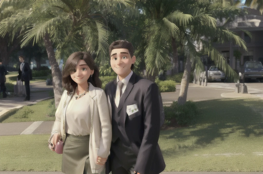 The photo was taken outdoors, probably in a garden or park, due to the presence of green grass and palm trees in the background. The couple is positioned in the center of the image. The woman on the left has dark, straight, shoulder-length hair. She is wearing large, dark sunglasses, a long-sleeved beige blouse with buttons down the front, and a green skirt that reaches below her knees. She holds a small brown bag in her right hand.
The man on the right is wearing a well-fitting black suit, with a white shirt and a light-colored tie. He has short, dark hair and is smiling. They both seem to be happy and well dressed for the occasion.
In the background, on the left, there are several people in formal attire, some talking to each other. A woman in a white coat and pink skirt is walking, and there is a man in a dark suit next to her. Further in the background, you can see a green fence and a paved area with yellow stripes on the ground, possibly indicating a sidewalk or path.
The environment is well lit, suggesting that the photo was taken during the day, with the sun shining. The palm trees and surrounding vegetation add a tropical touch to the setting.