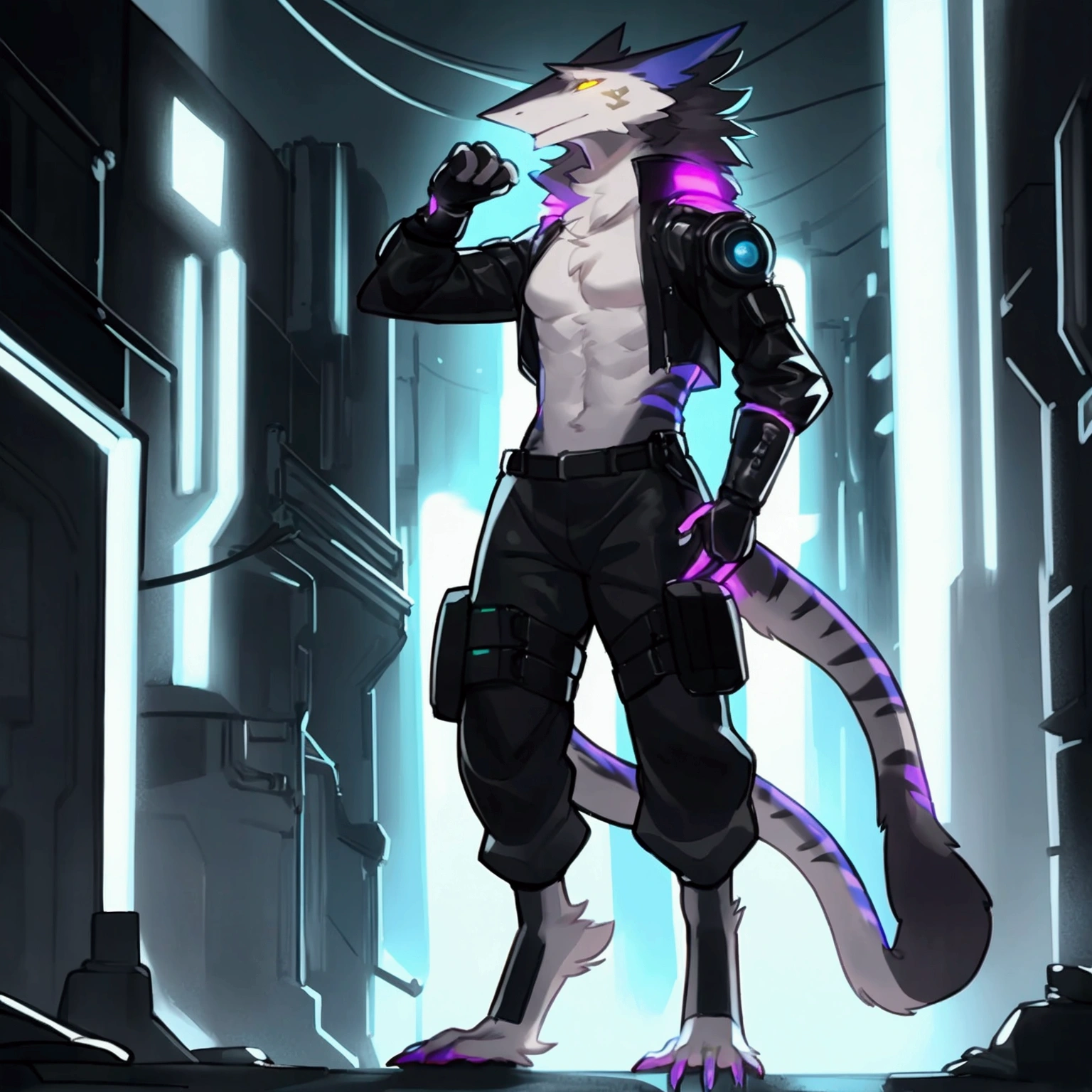 By bebebebebe, by spuydjeks, by buta99, by spikedmauler. athletic male sergal, tigerstrip fur patterns, cyberpunk outfit, hyper detailed, intricate, cinematic lighting, sharp focus, photorealistic, 8k, highres, best quality, masterpiece, extremely detailed, professional, dynamic pose, muscular body, powerful expression, glowing eyes, futuristic technology, neon city background, moody atmosphere, deep shadows, vibrant colors