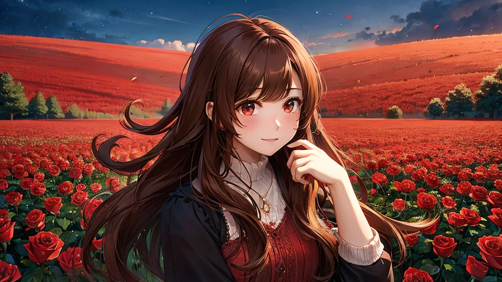 brown-haired guy holding the hand of a girl with long hair. field of red roses