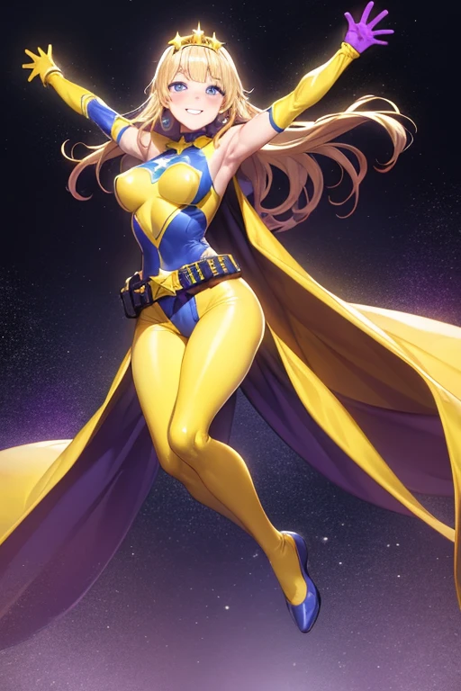 ((best quality)), ((masterpiece)), (detailed), 1 girl, Full body, 19 years old, Smiling face, Blue eyes, Star-shaped tiara, Arms outstretched, Arms behind waist, Blue superhero mask, Blushing, Blonde hair, Straight hair, Long hair, Bangs, 2 star clips in hair, Full body, Medium breasts, Slim body, Hands with yellow stars, Yellow wristbands, Long yellow gloves, Purple gloves, Purple gloves, Superhero costume, Superheroes, Yellow leotard suit, With a big yellow star in the center, Star emblem, Somewhat tight, Long yellow cape on waist, Red belt, Purple legs, Purple pantyhose, Purple shoes, Flying, City background, Anime