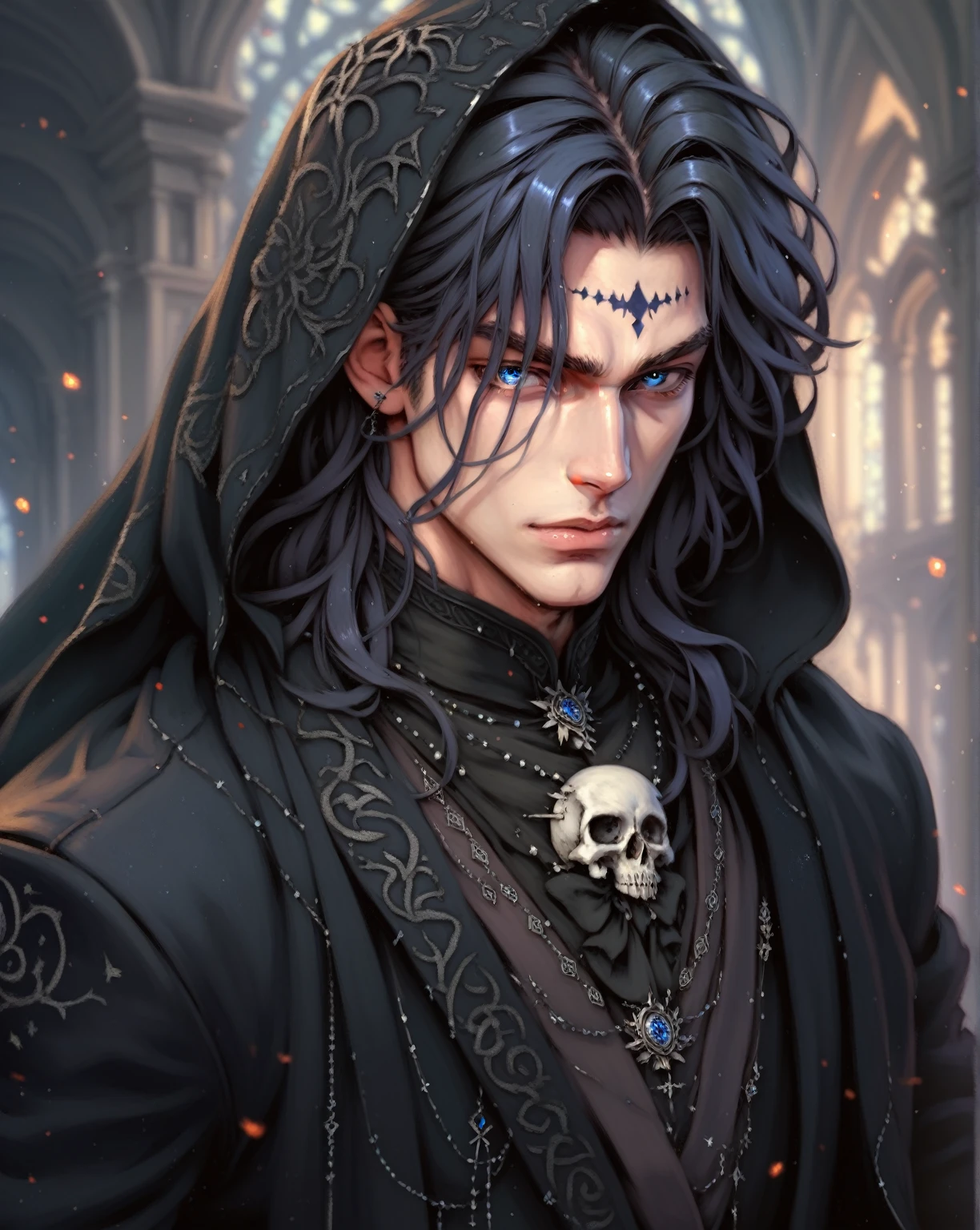 absurdities, High resolution, ultra detailed, HdR, masterpiece, Extremely detailed face and eyes, medium black hair, disheveled, bushy eyebrows, White skin, serious, expressive blue eyes, detailed eyes, LOOKING AT THE SPECTATOR, 1 man, elegant, black magic shit, masculine, sorcery clothing, dark aura background, background skulls, Complete plan