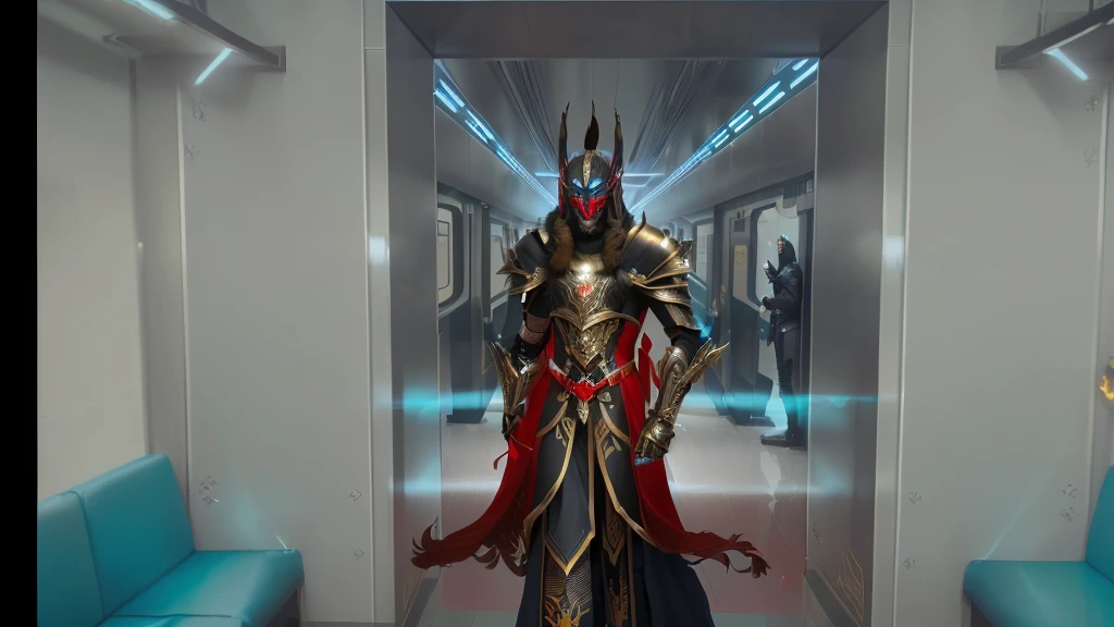 there is a man in a suit standing in a hallway, black fire color reflected armor, the shaman of the subway, black and red reflected armor, mystical anubis valkyrie, lord of cinder, draconic looking armor, an epic majestical degen trader, t-pose of male magic wizard, clothed in ethereal battle armor, photo of ghost of anubis