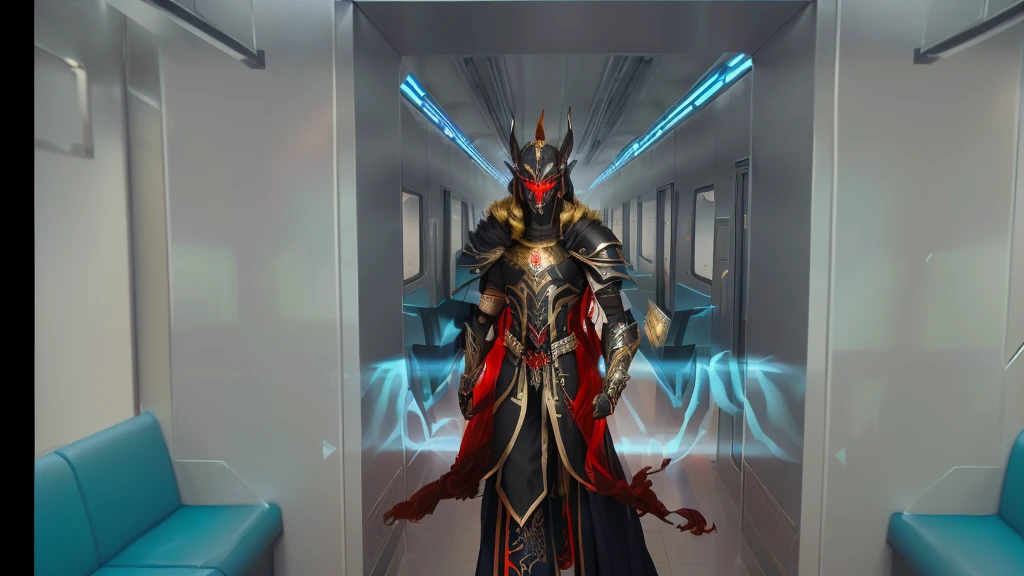 there is a man in a suit standing in a hallway, black fire color reflected armor, the shaman of the subway, black and red reflected armor, mystical anubis valkyrie, lord of cinder, draconic looking armor, an epic majestical degen trader, t-pose of male magic wizard, clothed in ethereal battle armor, photo of ghost of anubis