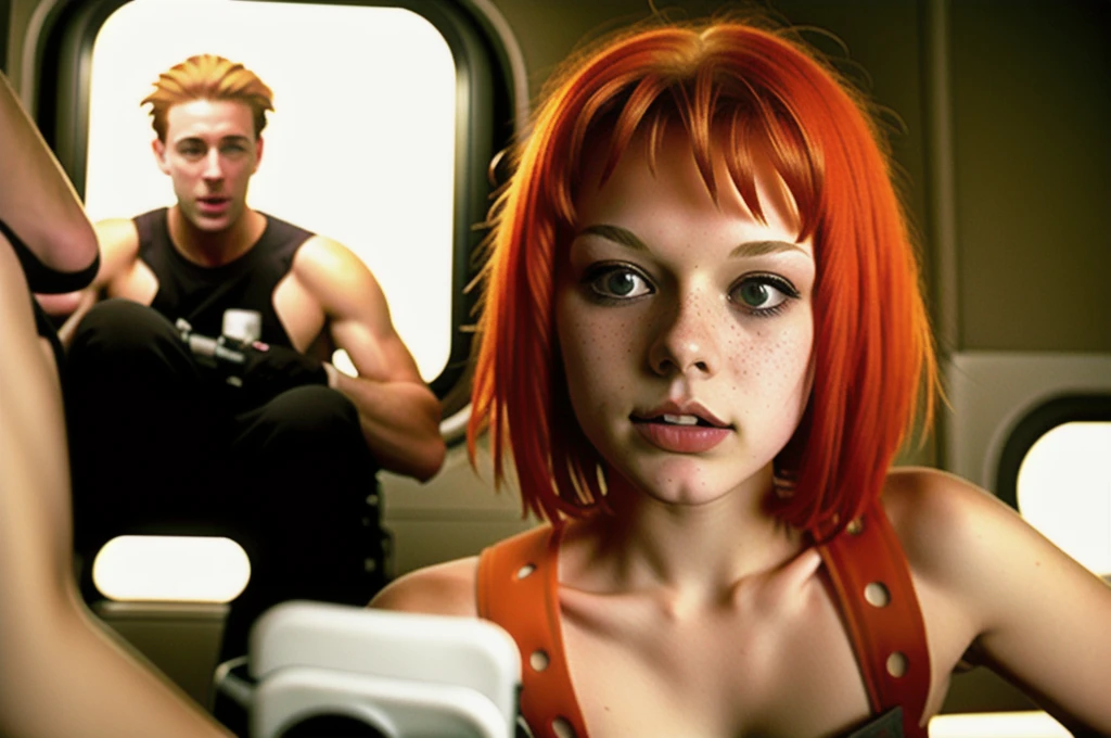 a woman with bright red hair holding a video game , 1girl, solo, looking at viewer, short hair, bangs, holding, closed mouth, upper body, red hair, blunt bangs, orange hair, lips, grey eyes, portrait, freckles, realistic, nose, camera, nua