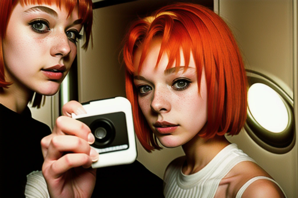 a woman with bright red hair holding a video game , 1girl, solo, looking at viewer, short hair, bangs, holding, closed mouth, upper body, red hair, blunt bangs, orange hair, lips, grey eyes, portrait, freckles, realistic, nose, camera, nua